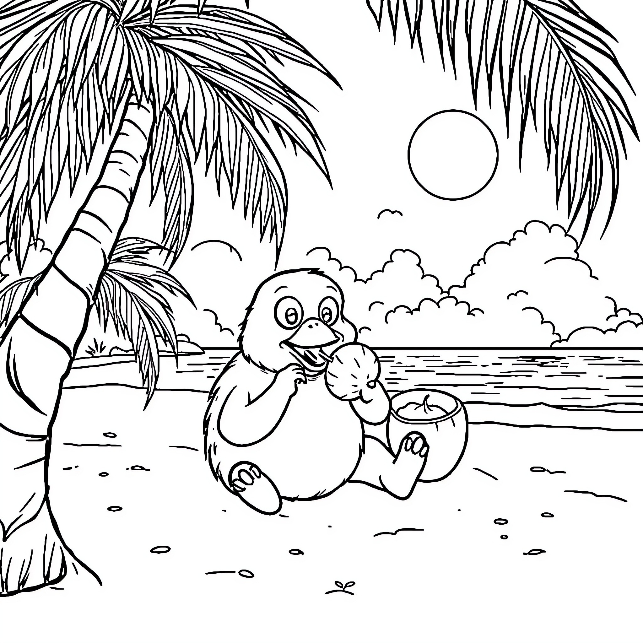 Bulbizarre enjoying a day at the beach Coloring Page (free black-and-white line drawing printable PDF for all, from beginners to advanced learners, including children, teens, adults, and seniors)