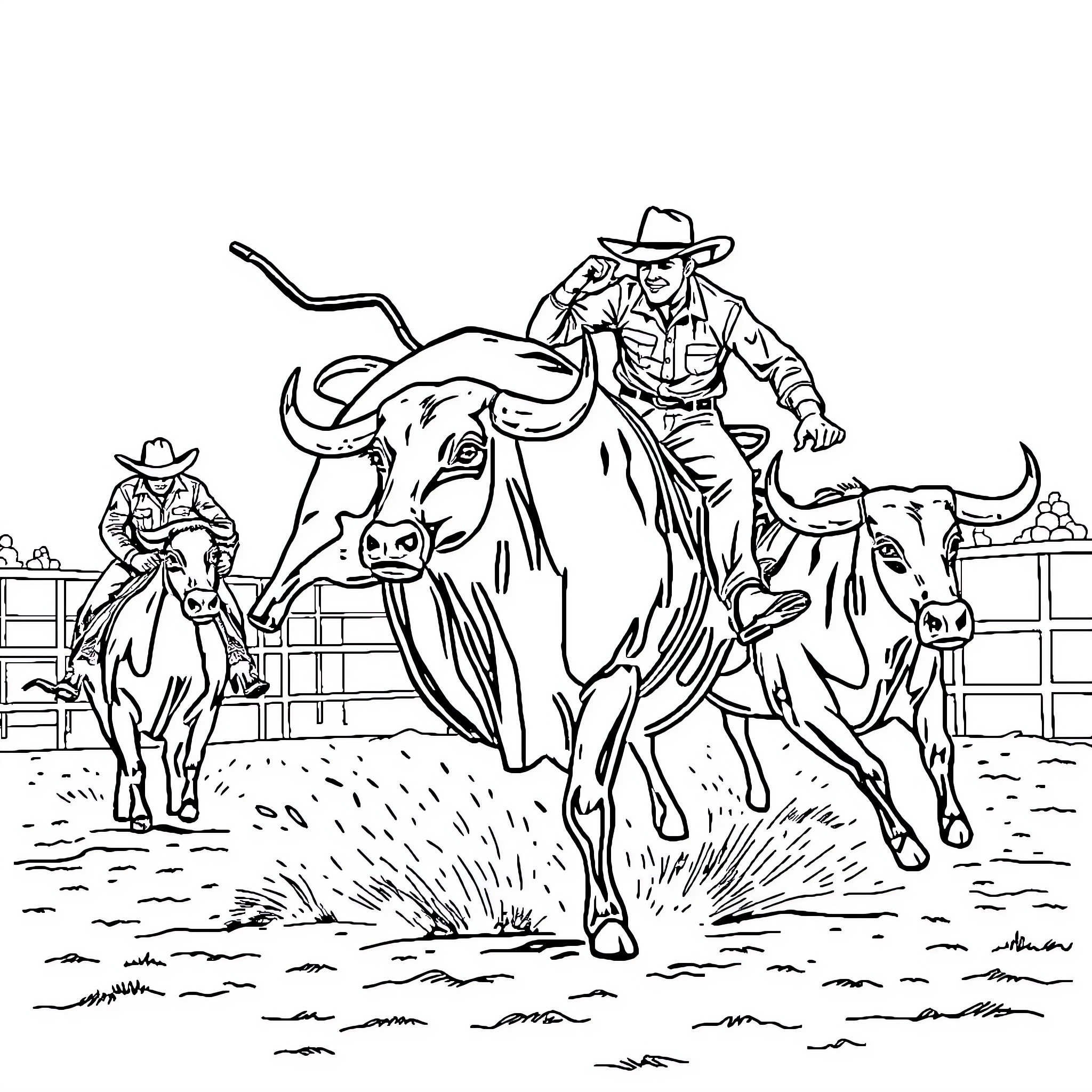 Cowboy riding a bucking bull in a rodeo arena Coloring Page (free black-and-white line drawing printable PDF for all, from beginners to advanced learners, including children, teens, adults, and seniors)
