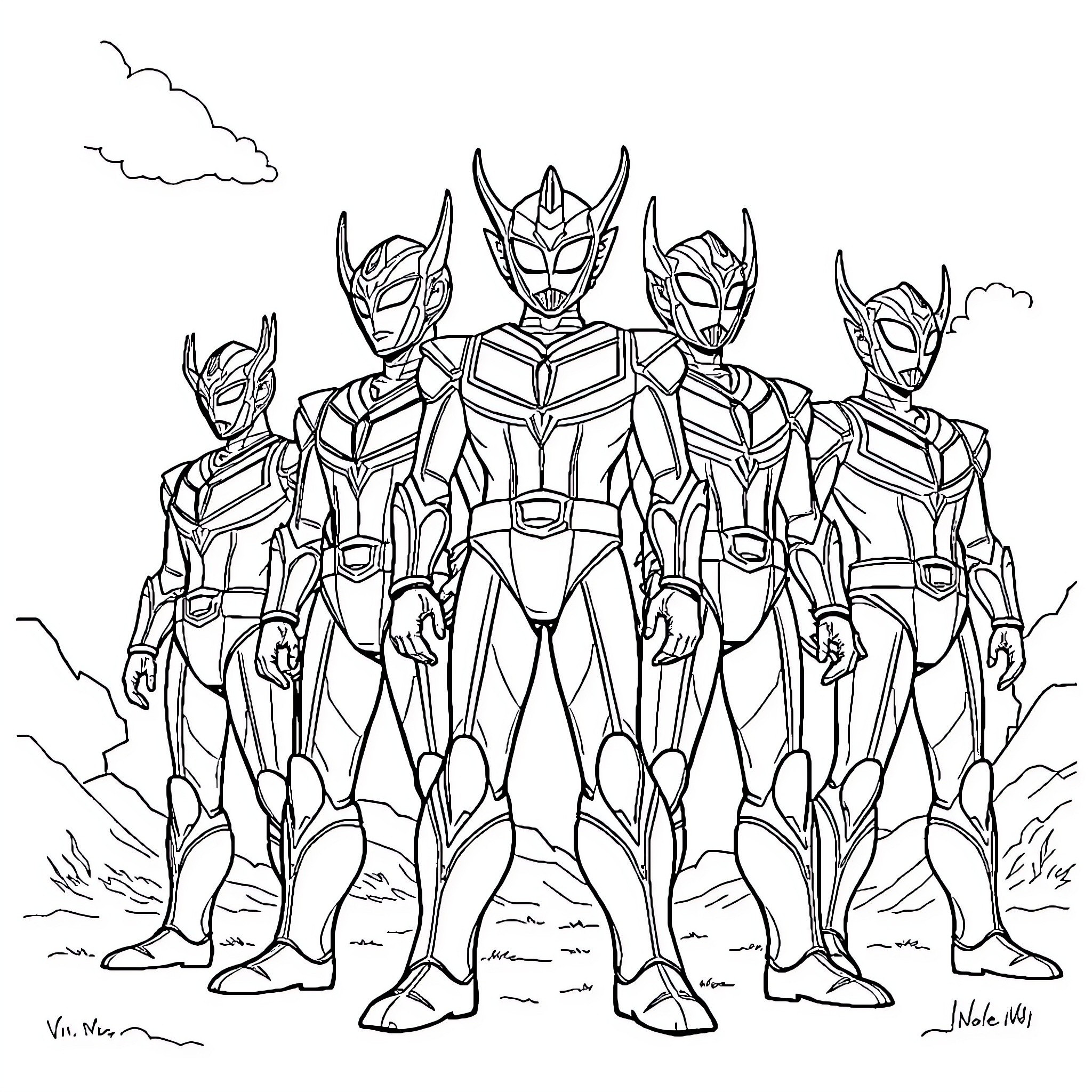 Ultraman heroes standing together in heroic poses Coloring Page (free black-and-white line drawing printable PDF for all, from beginners to advanced learners, including children, teens, adults, and seniors)