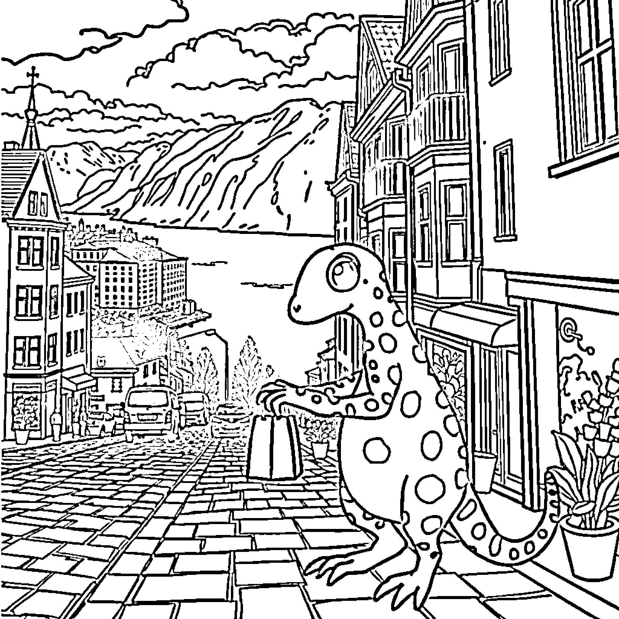 Marsupilami exploring a vibrant urban landscape Coloring Page (free black-and-white line drawing printable PDF for all, from beginners to advanced learners, including children, teens, adults, and seniors)