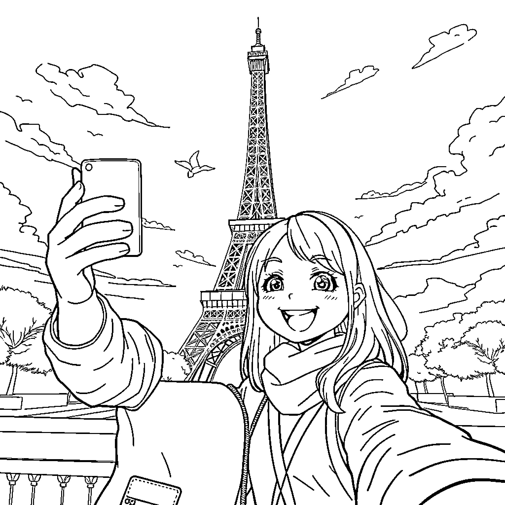 Kuromi taking a selfie in front of the Eiffel Tower Coloring Page (free black-and-white line drawing printable PDF for all, from beginners to advanced learners, including children, teens, adults, and seniors)