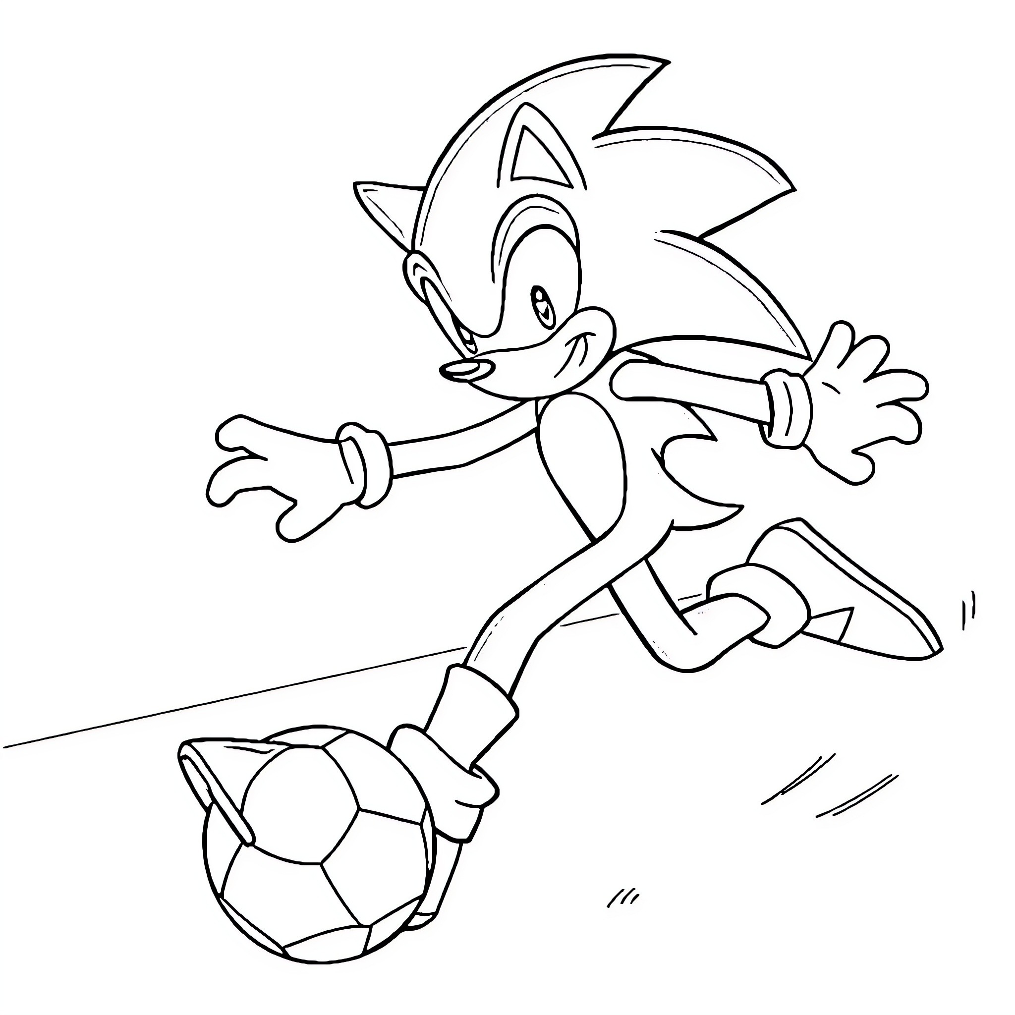 Sonic playing with a soccer ball Coloring Page (free black-and-white line drawing printable PDF for all, from beginners to advanced learners, including children, teens, adults, and seniors)
