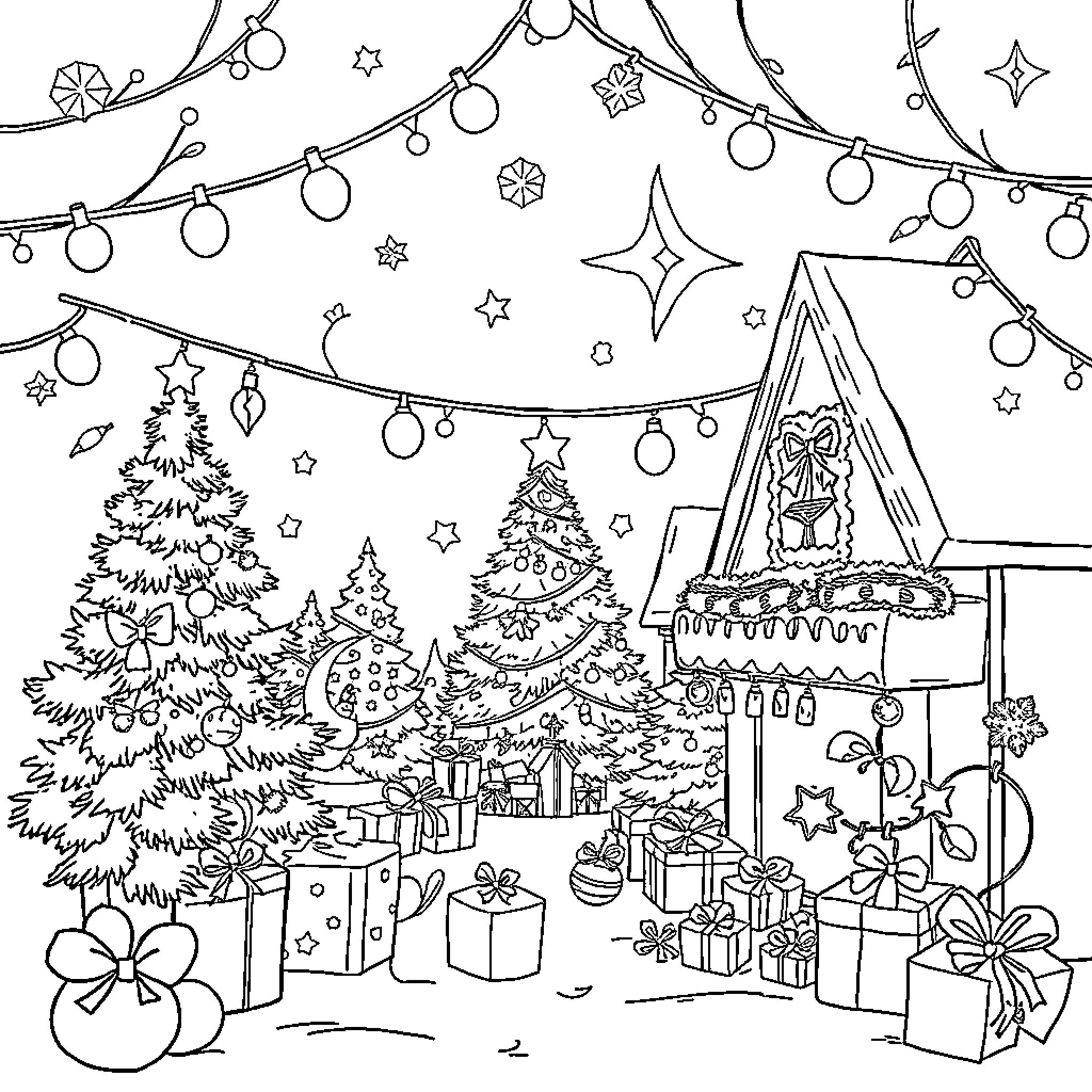 Christmas scene with decorated trees, gifts, and festive lights Coloring Page (free black-and-white line drawing printable PDF for all, from beginners to advanced learners, including children, teens, adults, and seniors)