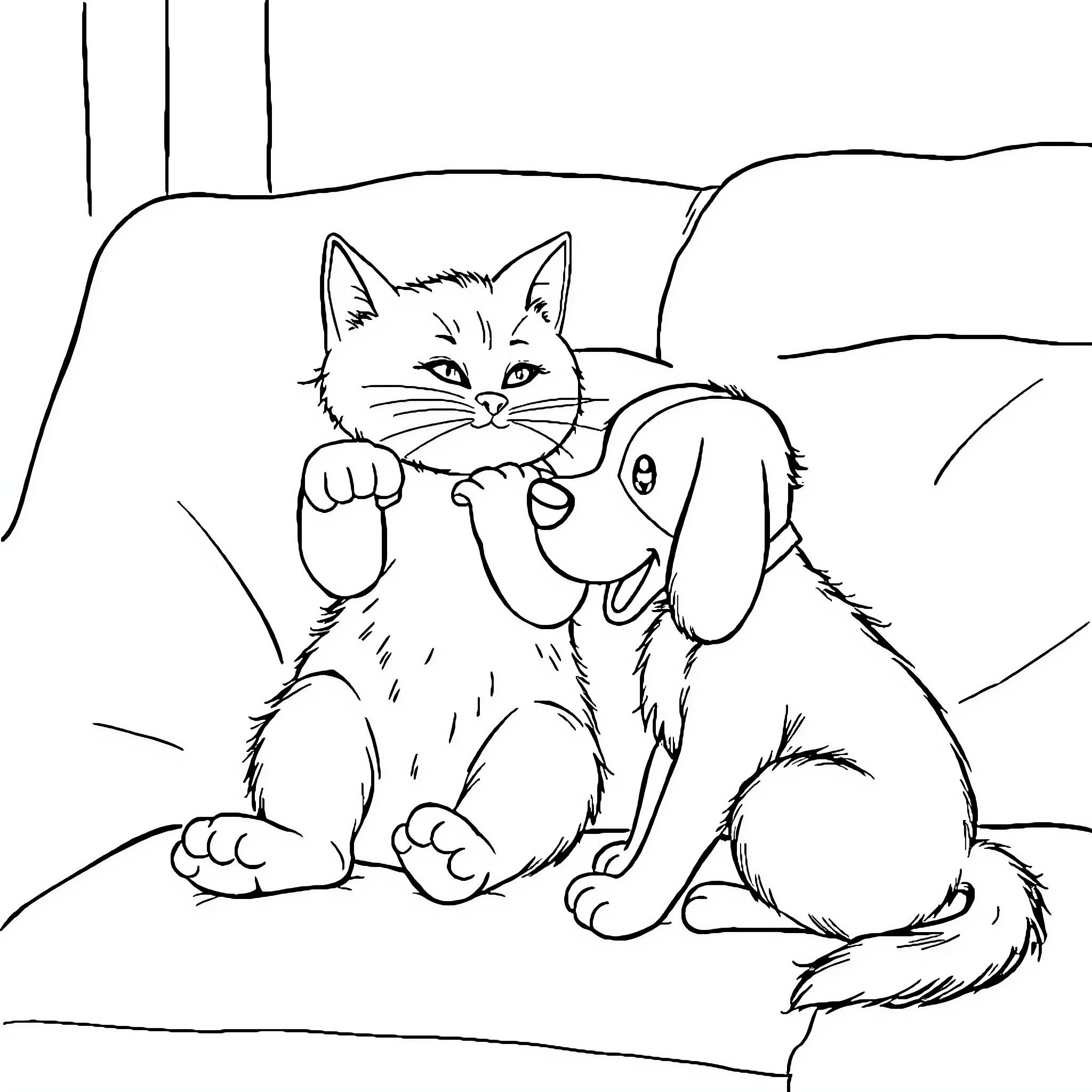 Cat cuddling with adorable puppy Coloring Page (free black-and-white line drawing printable PDF for all, from beginners to advanced learners, including children, teens, adults, and seniors)