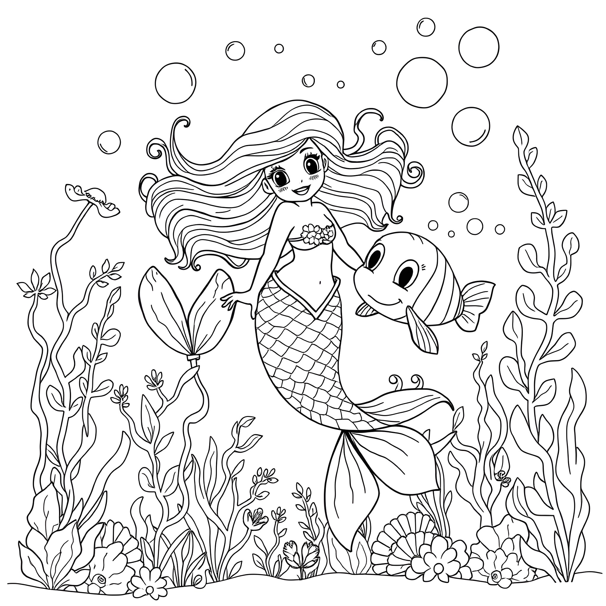Mermaid swimming with a tropical fish in the ocean Coloring Page (free black-and-white line drawing printable PDF for all, from beginners to advanced learners, including children, teens, adults, and seniors)