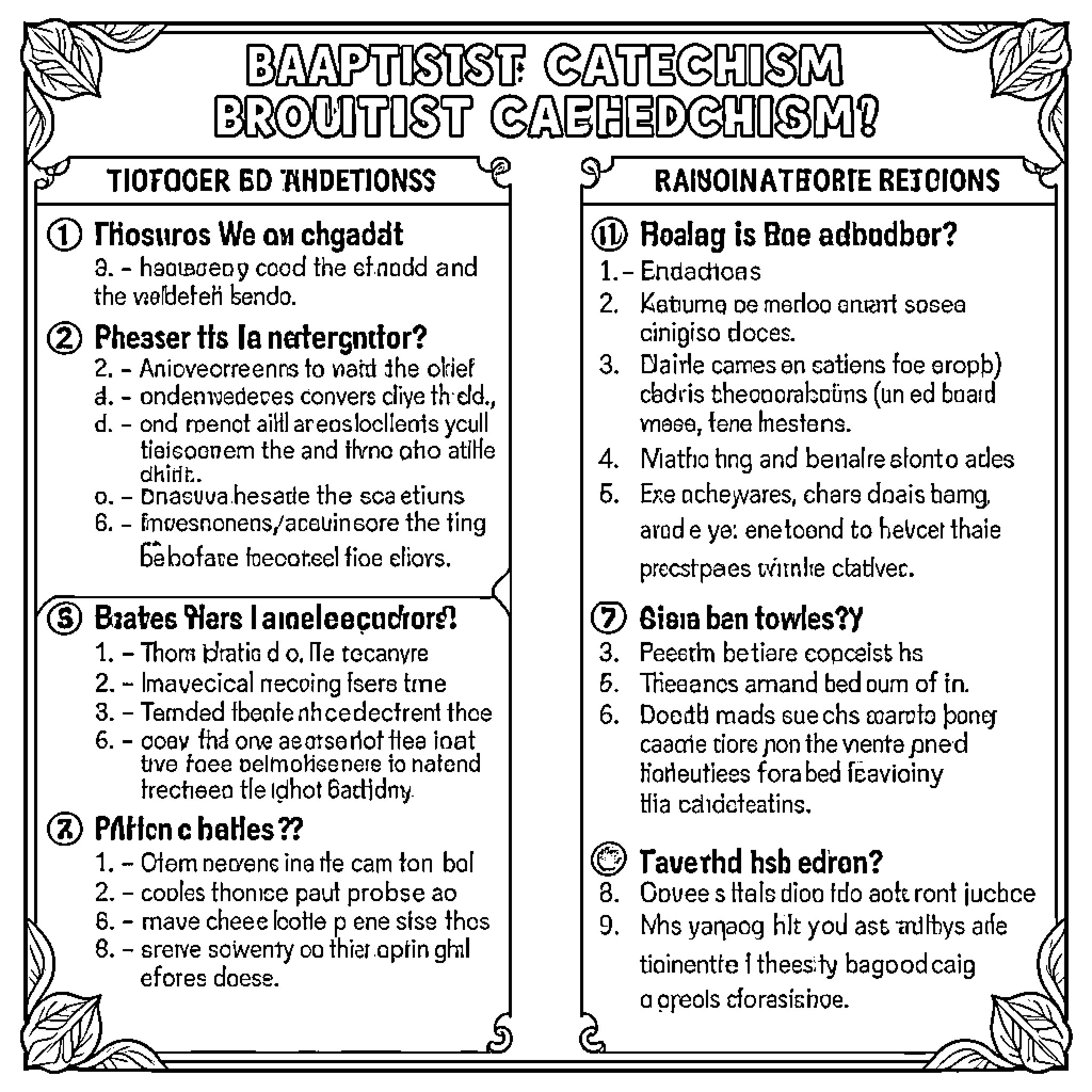 Baptist Catechism featuring patterned borders and printed text Coloring Page (free black-and-white line drawing printable PDF for all, from beginners to advanced learners, including children, teens, adults, and seniors)