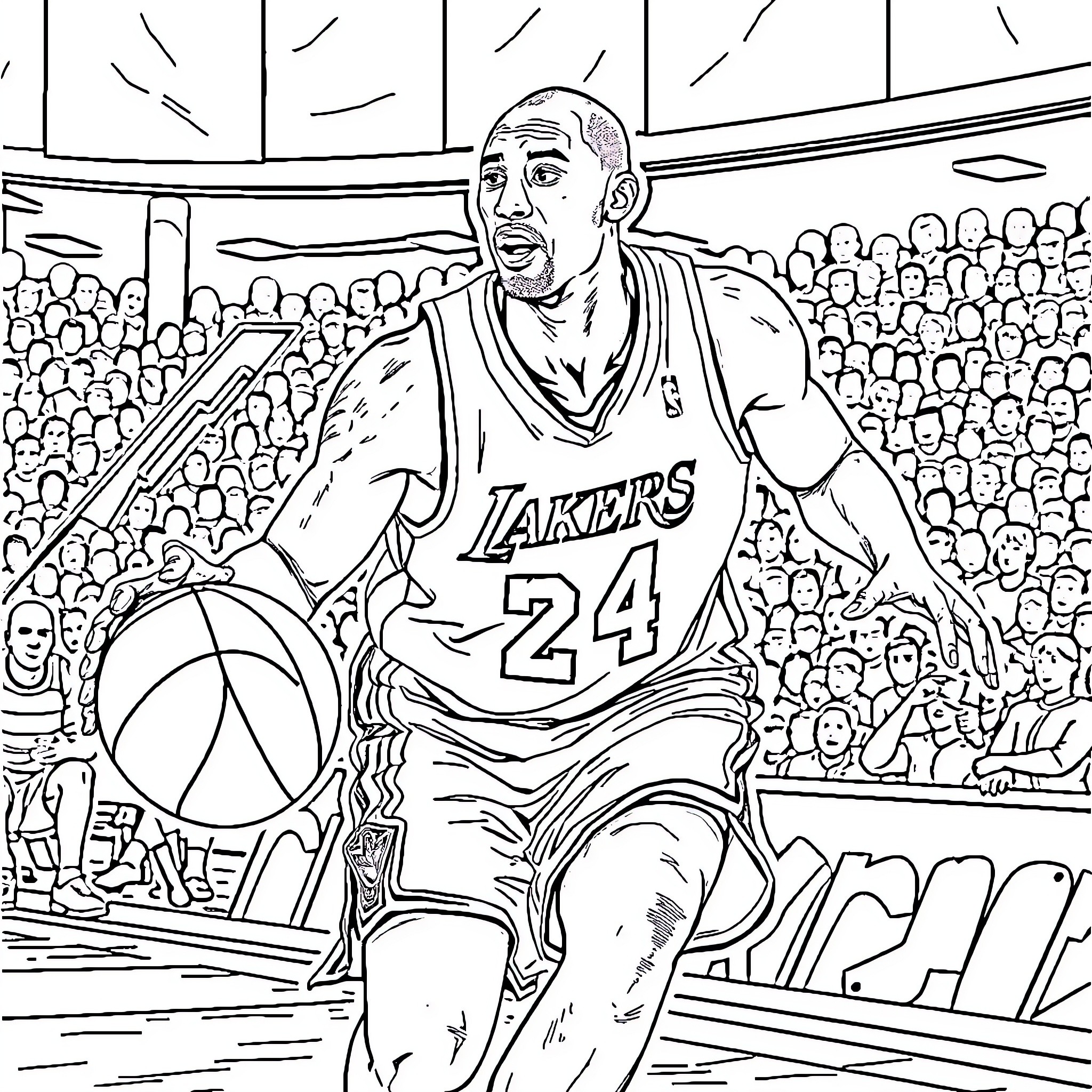 Kobe Bryant playing basketball in Lakers jersey Coloring Page (free black-and-white line drawing printable PDF for all, from beginners to advanced learners, including children, teens, adults, and seniors)