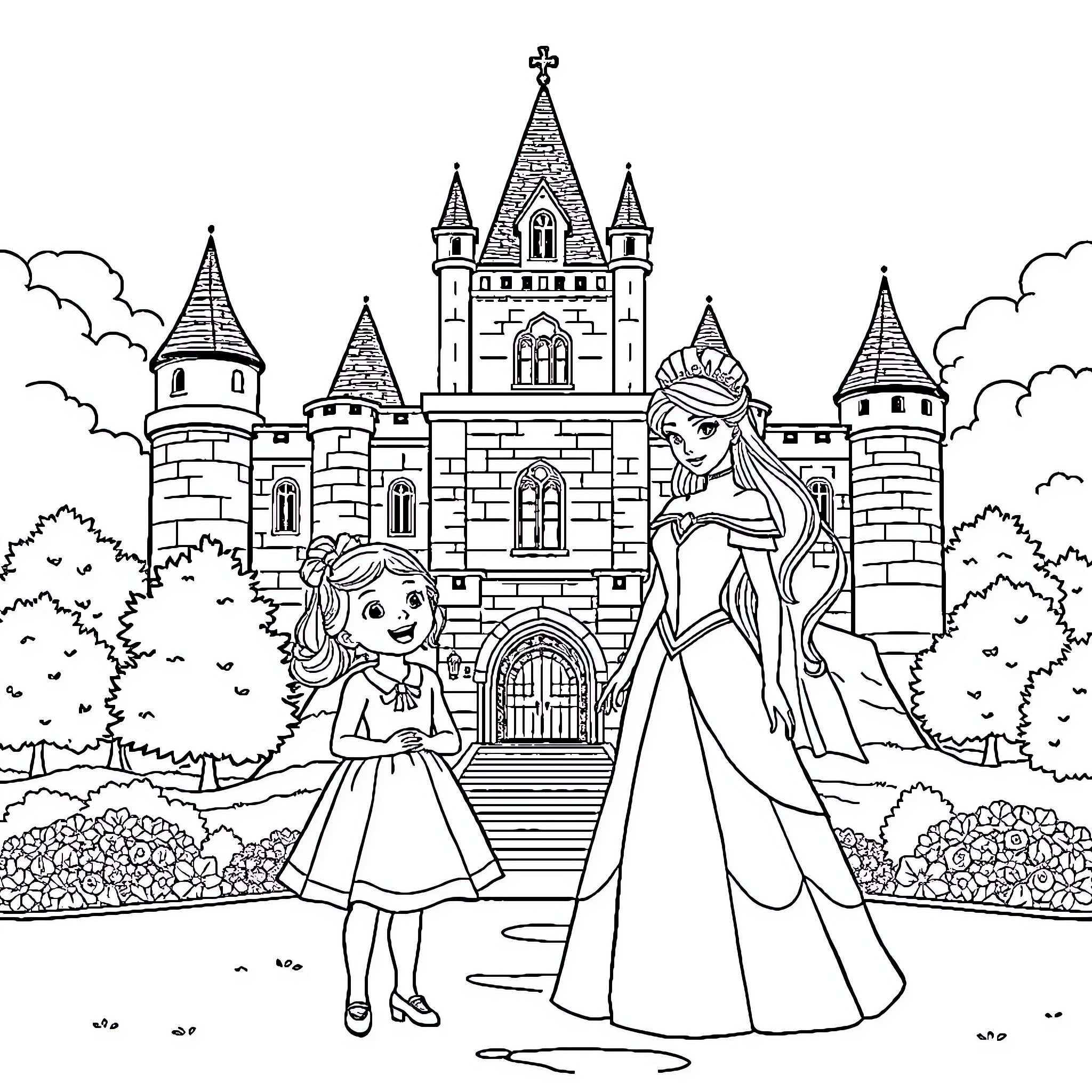 Princess and her young companion strolling in front of a grand castle Coloring Page (free black-and-white line drawing printable PDF for all, from beginners to advanced learners, including children, teens, adults, and seniors)