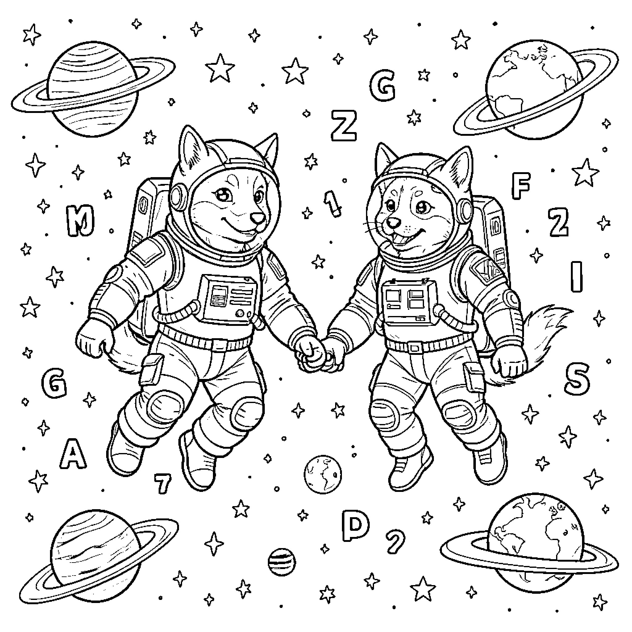 Carnotaurus astronauts exploring the cosmos Coloring Page (free black-and-white line drawing printable PDF for all, from beginners to advanced learners, including children, teens, adults, and seniors)
