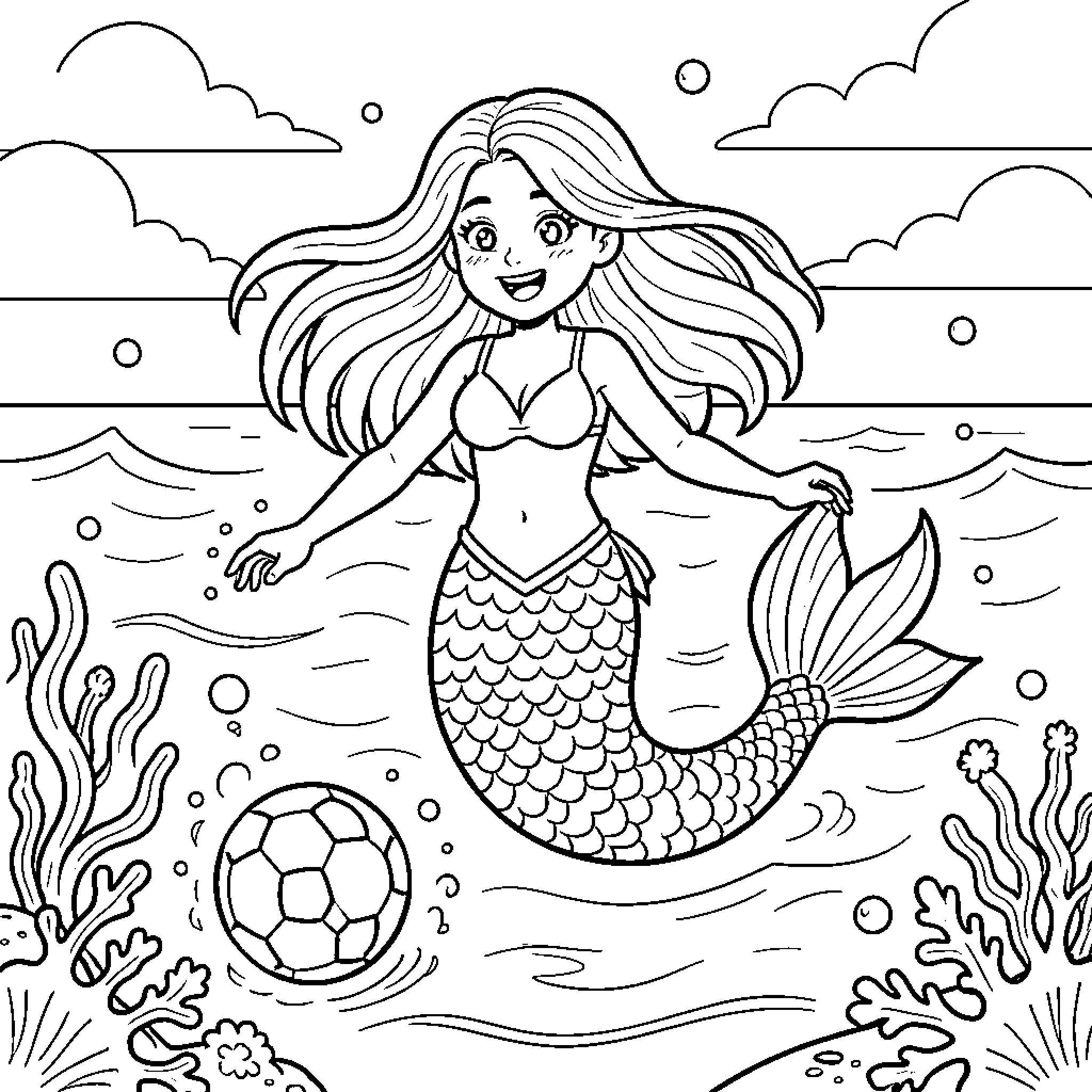 Mermaid playing with a ball in the ocean Coloring Page (free black-and-white line drawing printable PDF for all, from beginners to advanced learners, including children, teens, adults, and seniors)