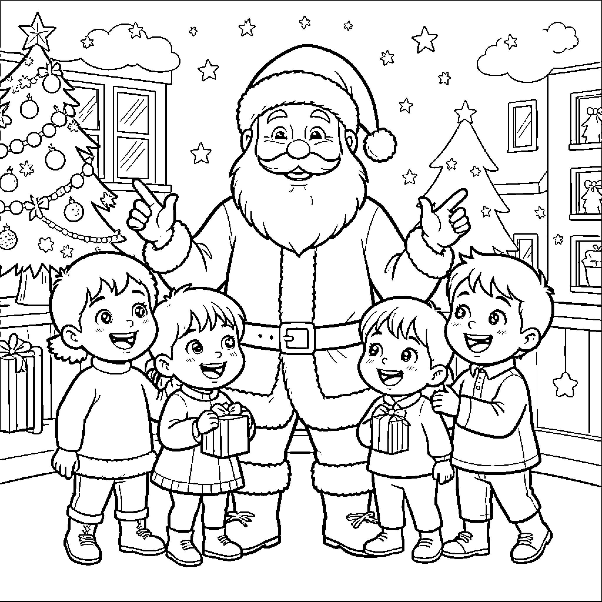 Père Noël smiling with joyful children by trees Coloring Page (free black-and-white line drawing printable PDF for all, from beginners to advanced learners, including children, teens, adults, and seniors)
