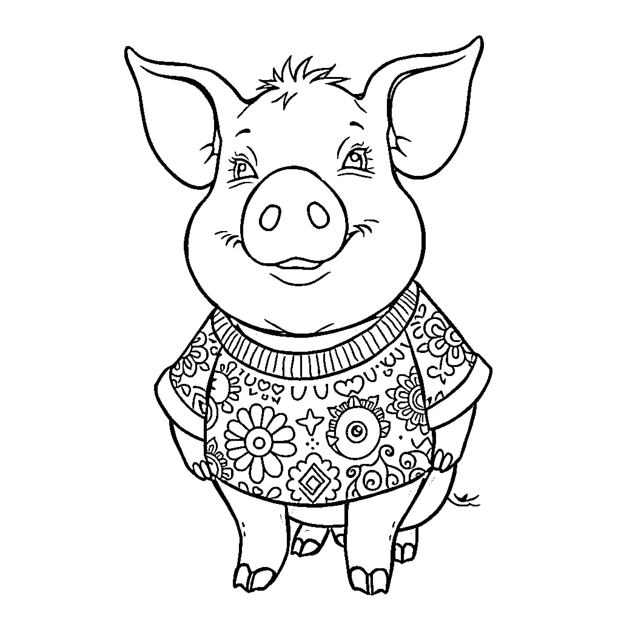 Pig in a Patterned Sweater Coloring Page (free black-and-white line drawing printable PDF for all, from beginners to advanced learners, including children, teens, adults, and seniors)
