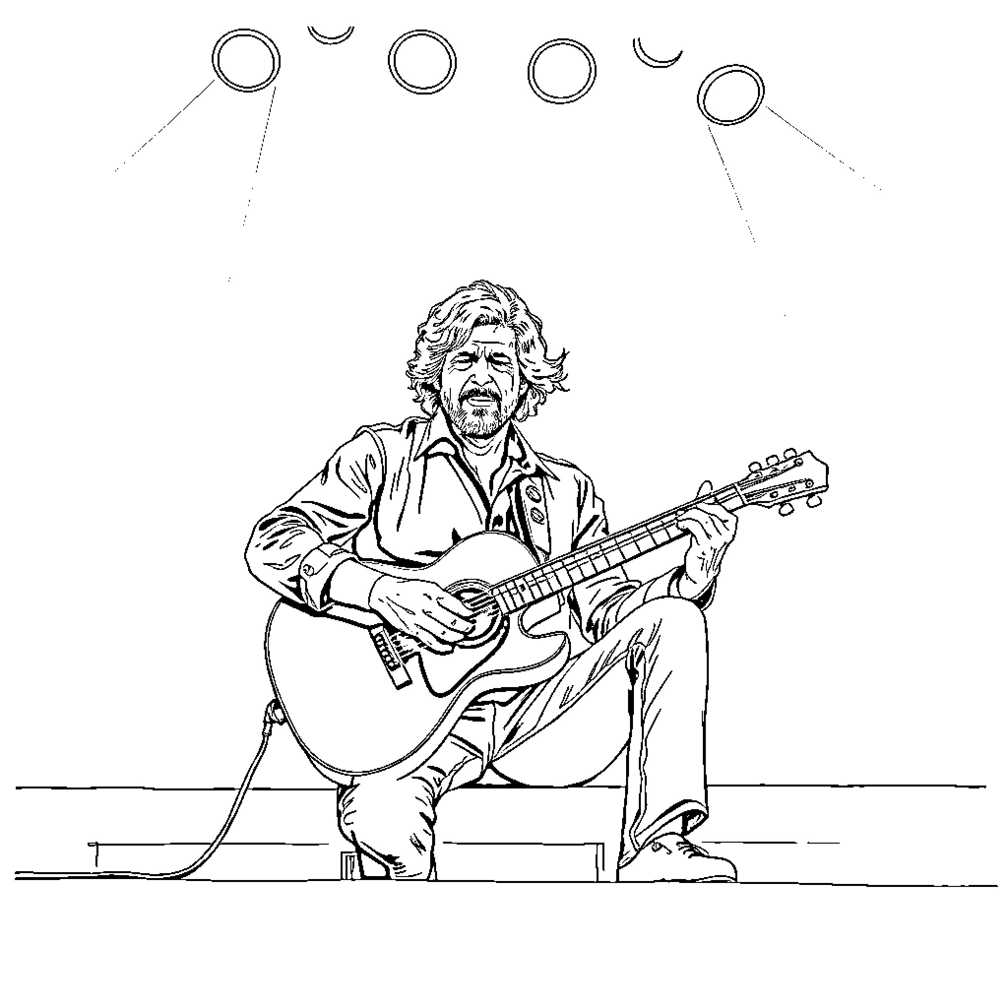 Lindsey Buckingham performing on stage with guitar Coloring Page (free black-and-white line drawing printable PDF for all, from beginners to advanced learners, including children, teens, adults, and seniors)