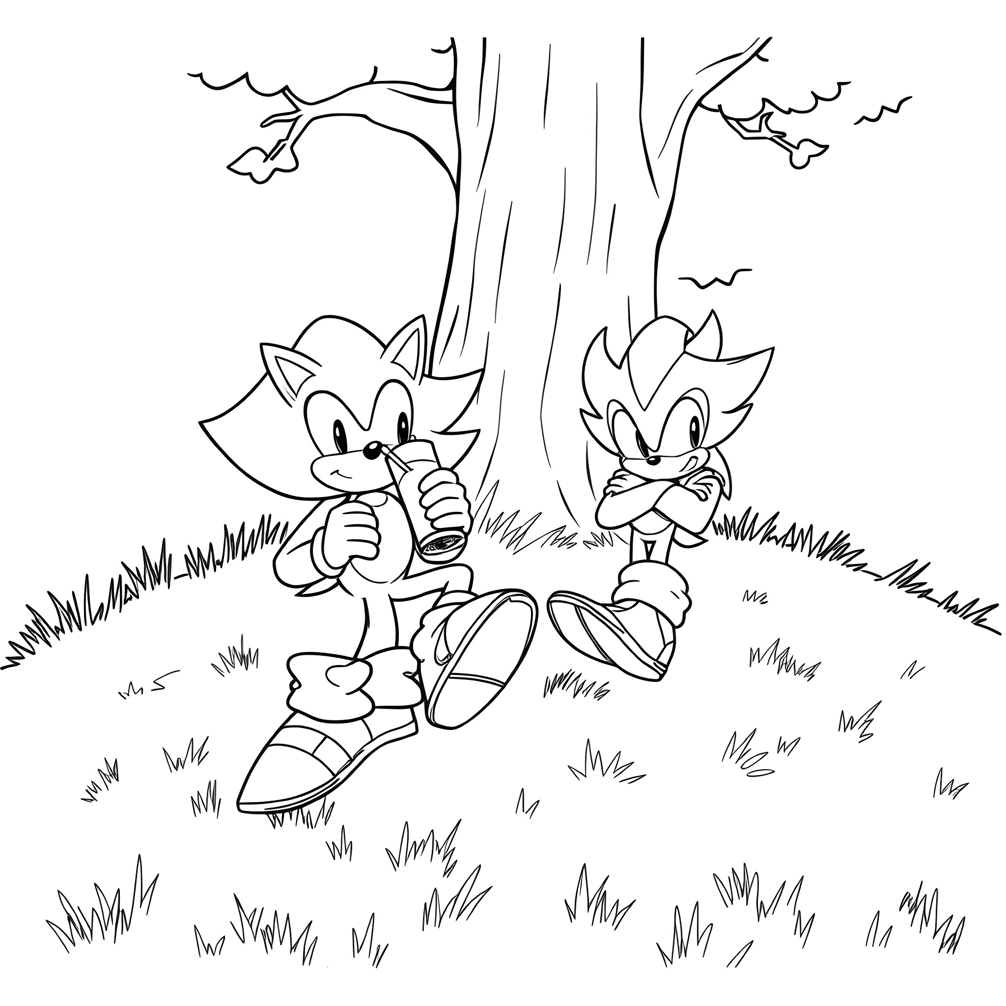 Sonic characters playing in the forest Coloring Page (free black-and-white line drawing printable PDF for all, from beginners to advanced learners, including children, teens, adults, and seniors)