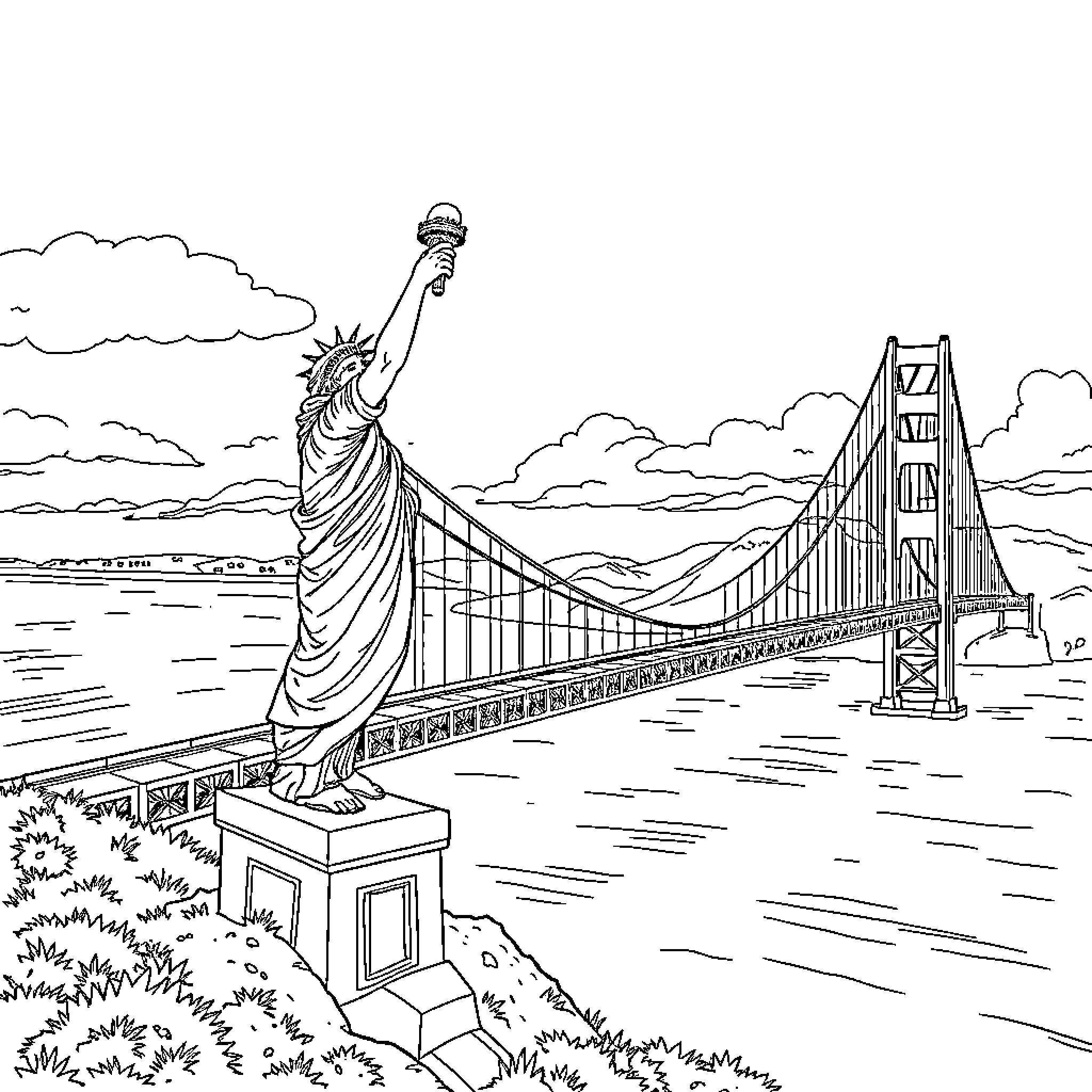 Golden Gate Bridge and Statue of Liberty Coloring Page (free black-and-white line drawing printable PDF for all, from beginners to advanced learners, including children, teens, adults, and seniors)