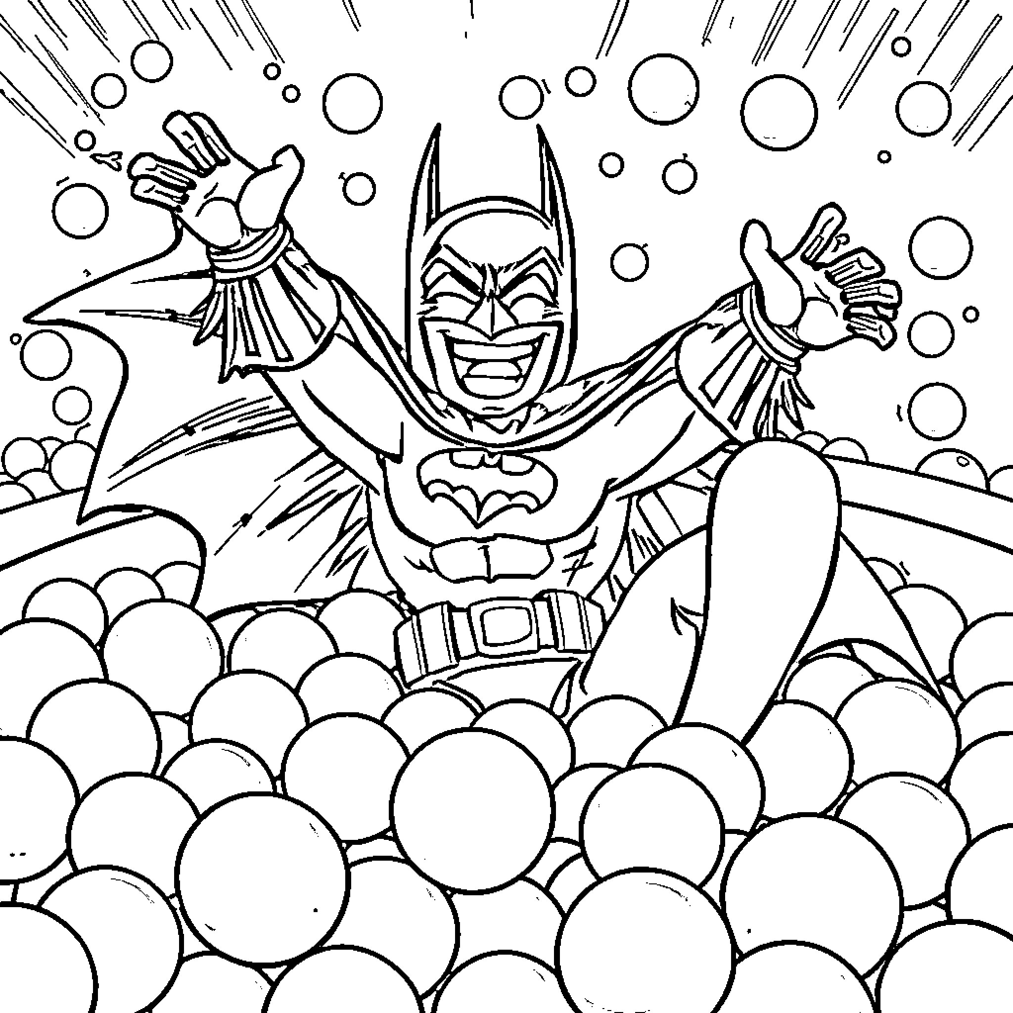 Batman leaping through a whimsical landscape Coloring Page (free black-and-white line drawing printable PDF for all, from beginners to advanced learners, including children, teens, adults, and seniors)