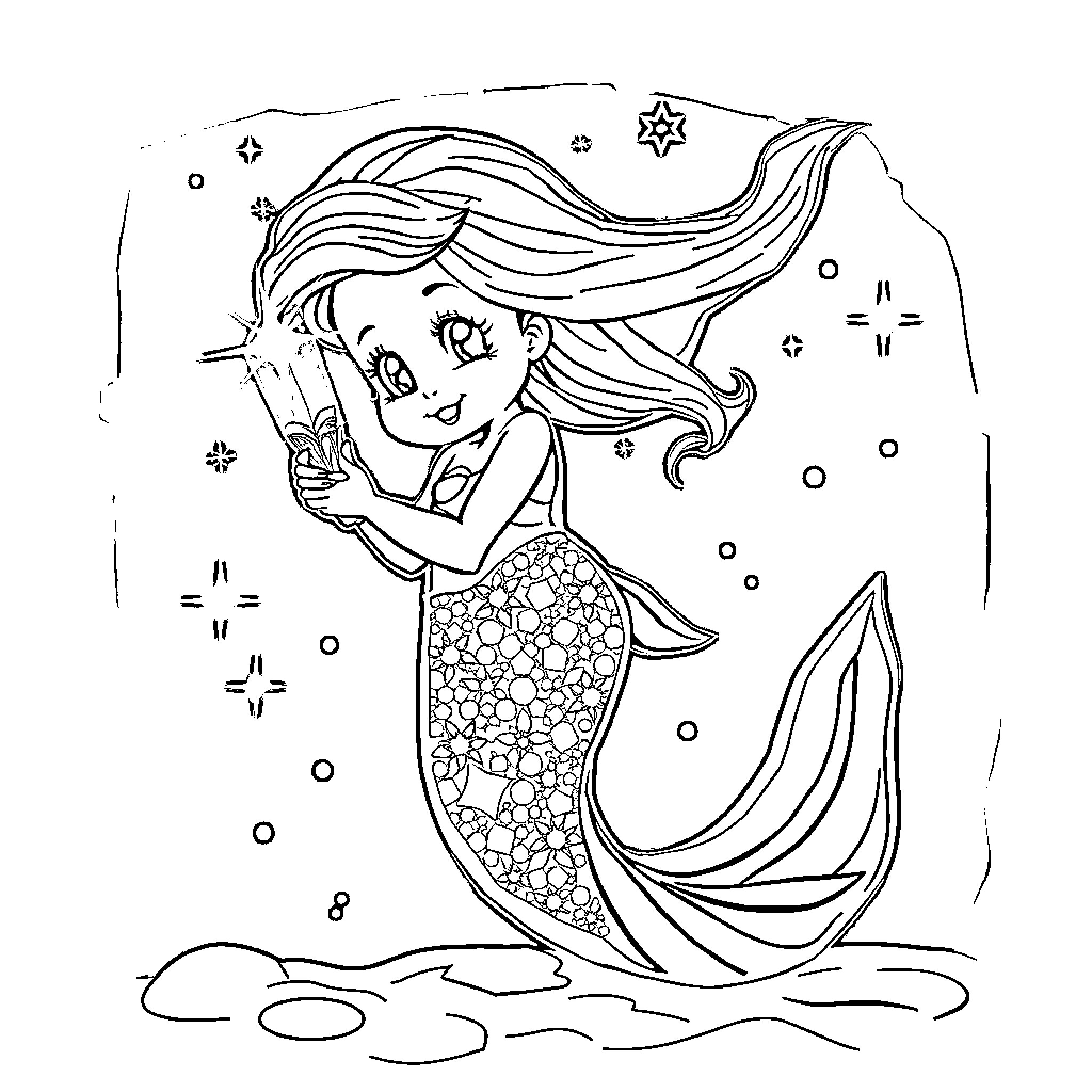 Mermaid swimming gracefully in the underwater scene Coloring Page (free black-and-white line drawing printable PDF for all, from beginners to advanced learners, including children, teens, adults, and seniors)