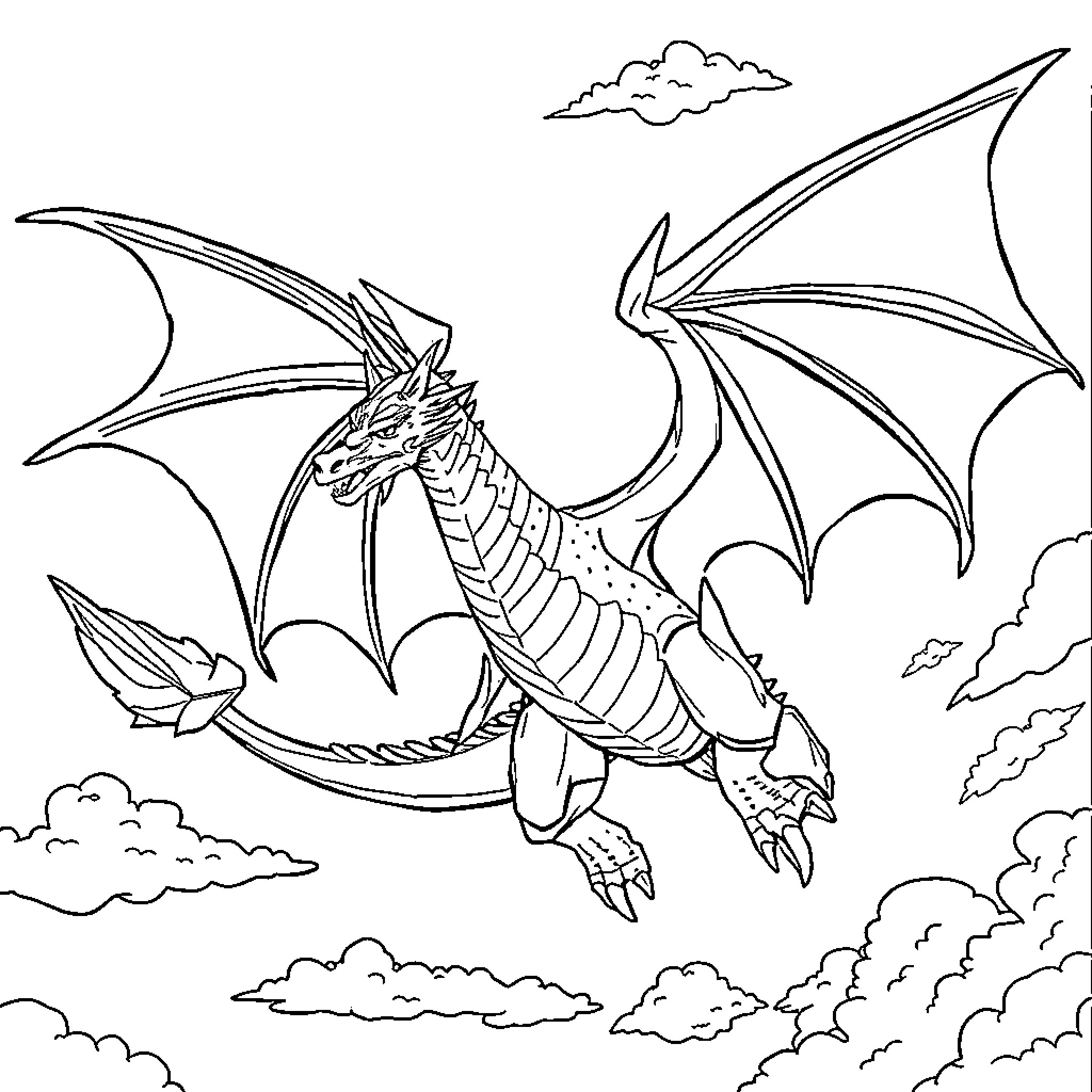 Dragon soaring through the cloudy sky Coloring Page (free black-and-white line drawing printable PDF for all, from beginners to advanced learners, including children, teens, adults, and seniors)
