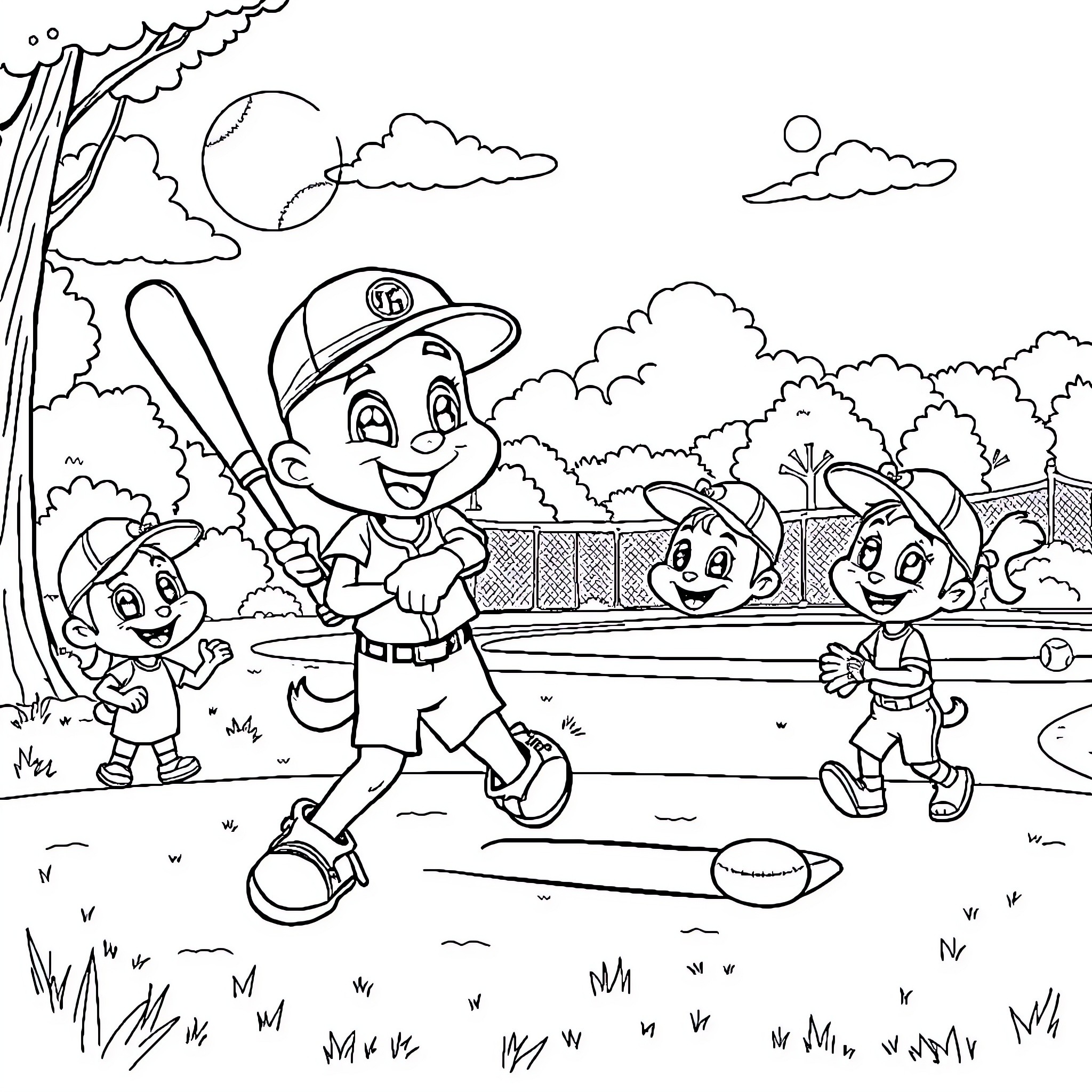 Bluey and friends playing baseball on the field Coloring Page (free black-and-white line drawing printable PDF for all, from beginners to advanced learners, including children, teens, adults, and seniors)