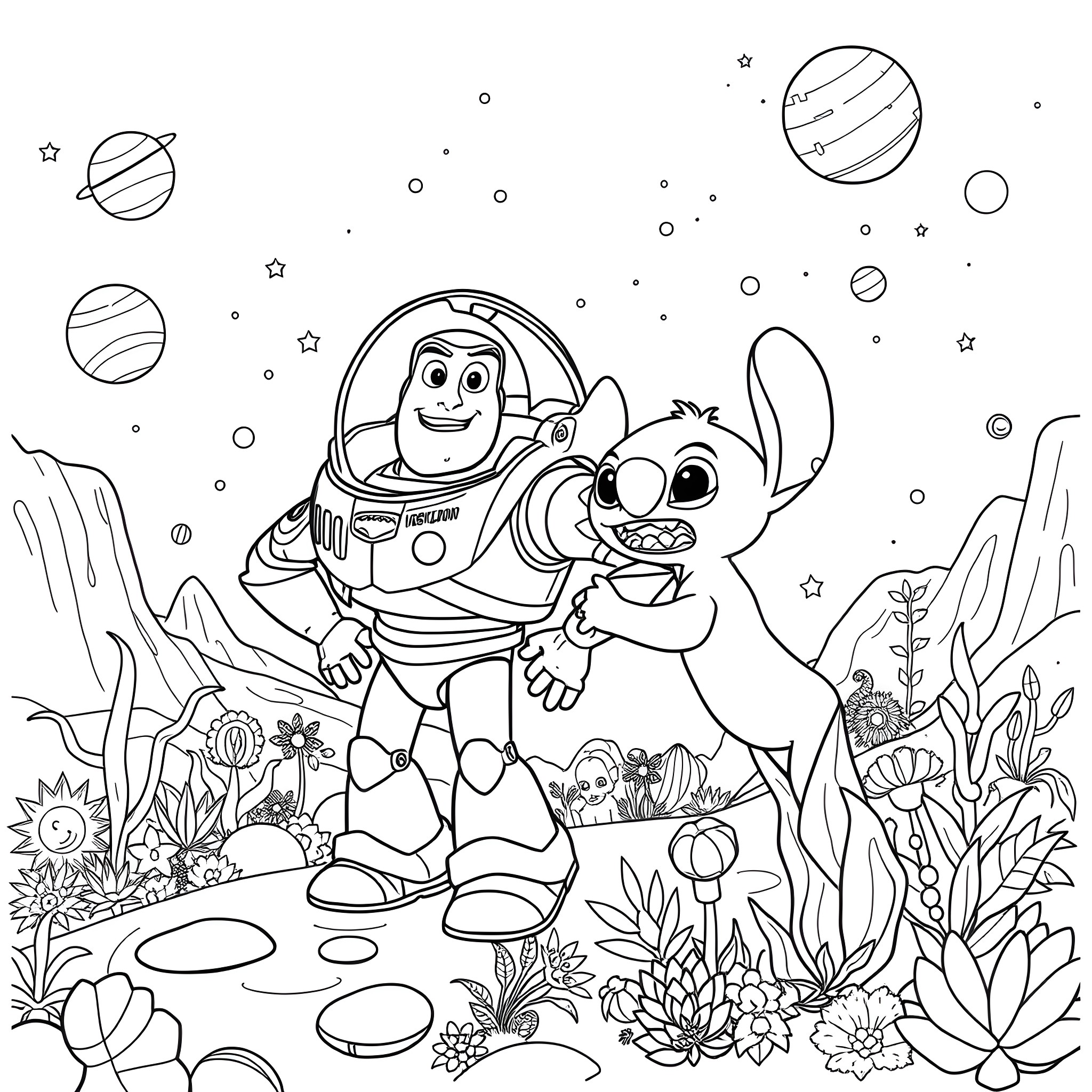 Buzz Lightyear and Stitch explore the alien planet Coloring Page (free black-and-white line drawing printable PDF for all, from beginners to advanced learners, including children, teens, adults, and seniors)