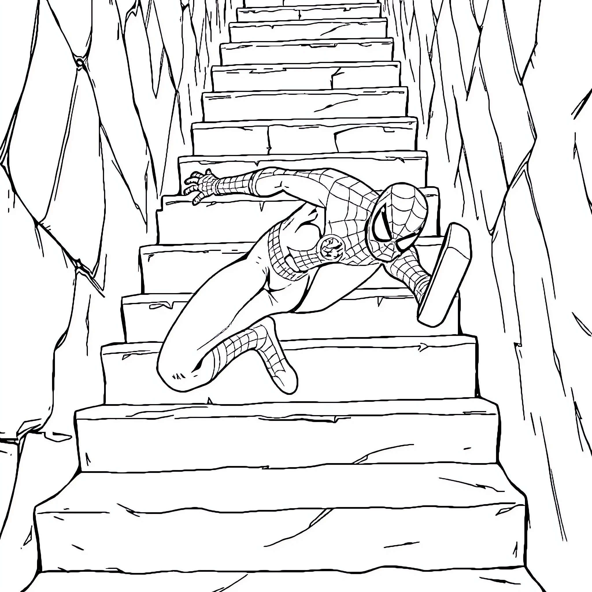 Spider-Man Climbing Stairs in Action Coloring Page (free black-and-white line drawing printable PDF for all, from beginners to advanced learners, including children, teens, adults, and seniors)