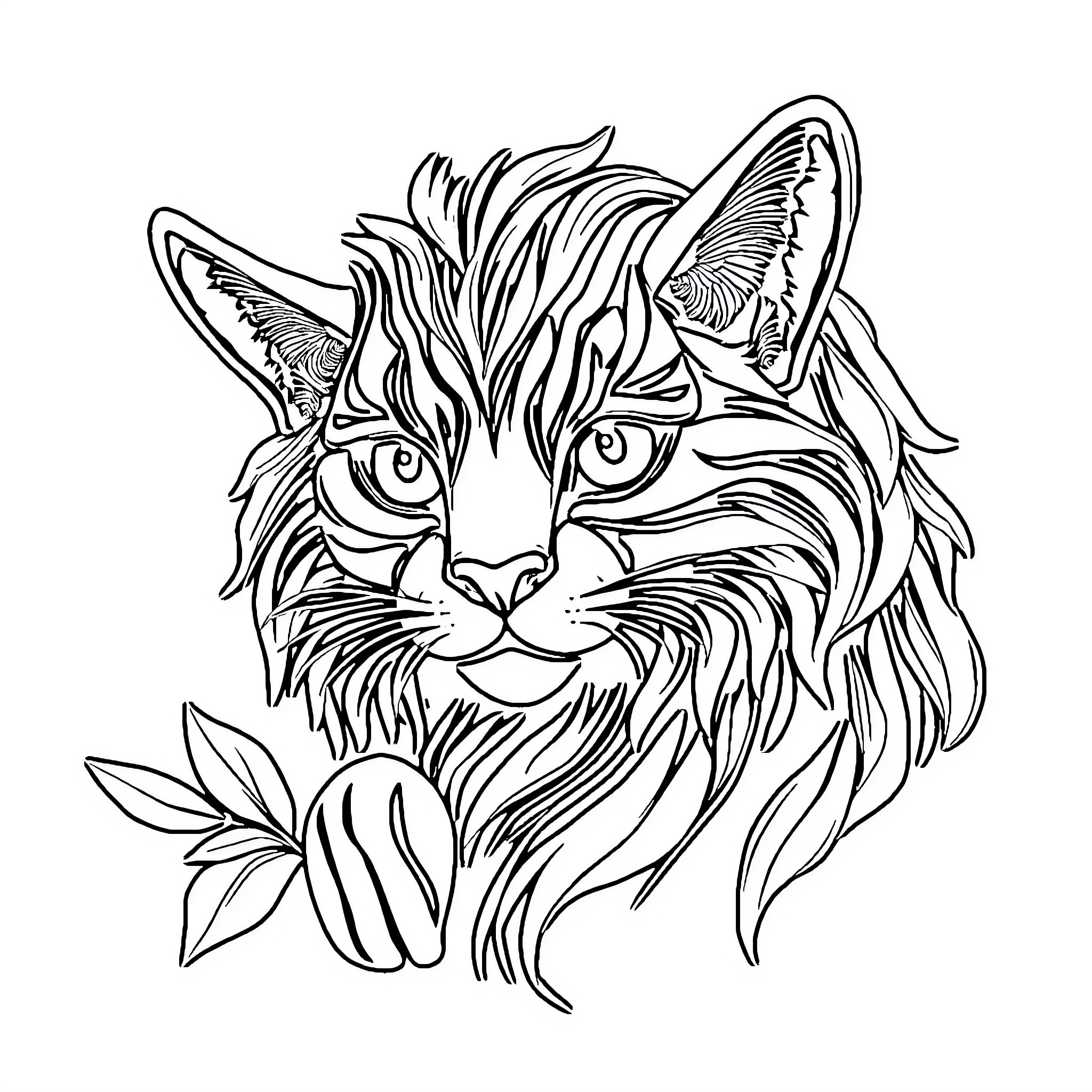 Drawing of an expressive cat face with intricate details Coloring Page (free black-and-white line drawing printable PDF for all, from beginners to advanced learners, including children, teens, adults, and seniors)