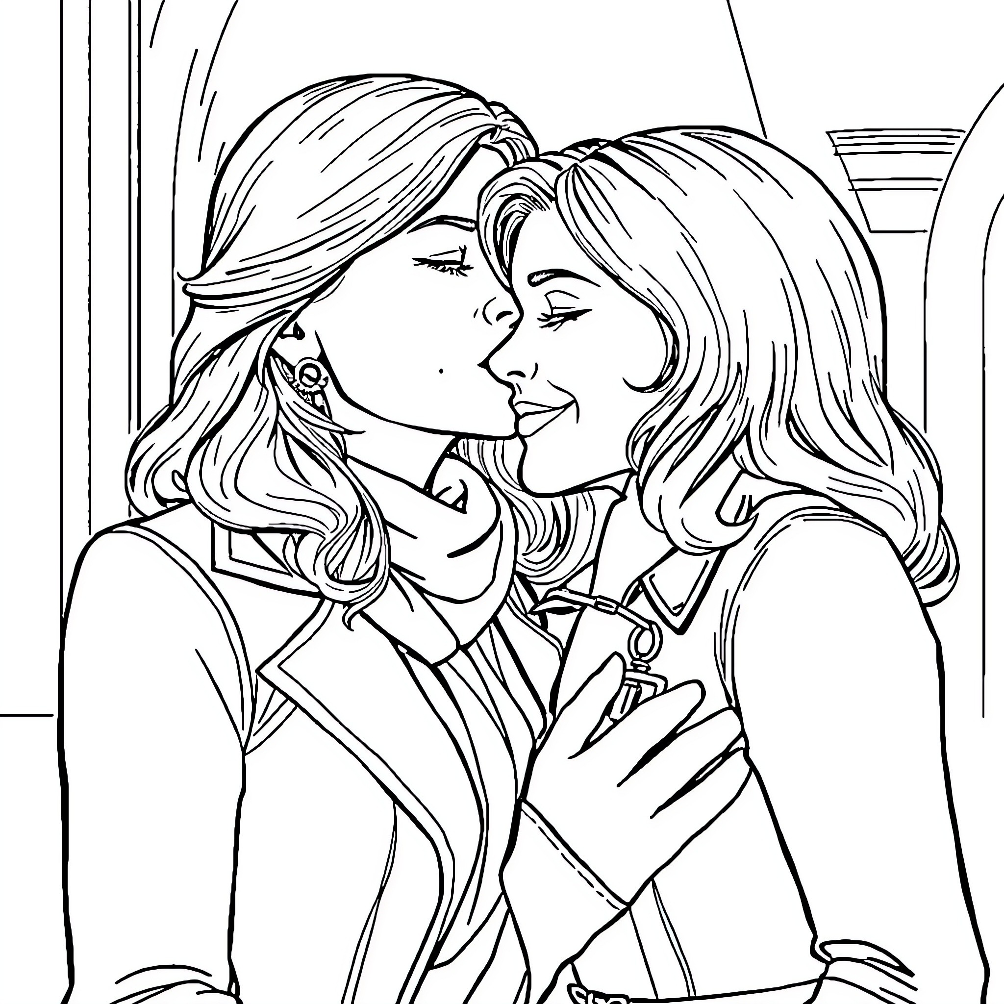 Natasha Romanoff and Partner Embrace Intimately Coloring Page (free black-and-white line drawing printable PDF for all, from beginners to advanced learners, including children, teens, adults, and seniors)