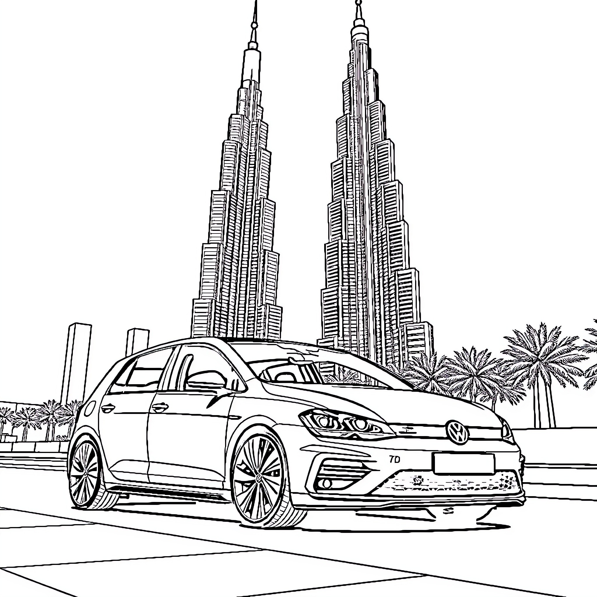 Volkswagen car in modern city setting Coloring Page (free black-and-white line drawing printable PDF for all, from beginners to advanced learners, including children, teens, adults, and seniors)