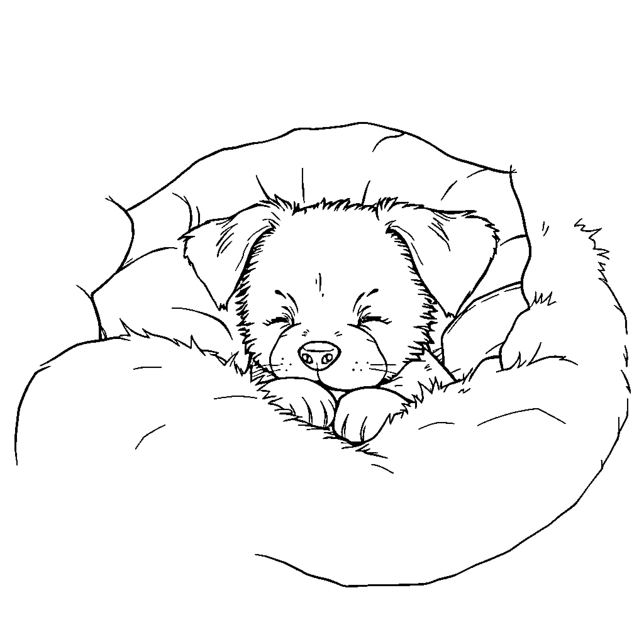 Dog sleeping peacefully in cozy bed Coloring Page (free black-and-white line drawing printable PDF for all, from beginners to advanced learners, including children, teens, adults, and seniors)