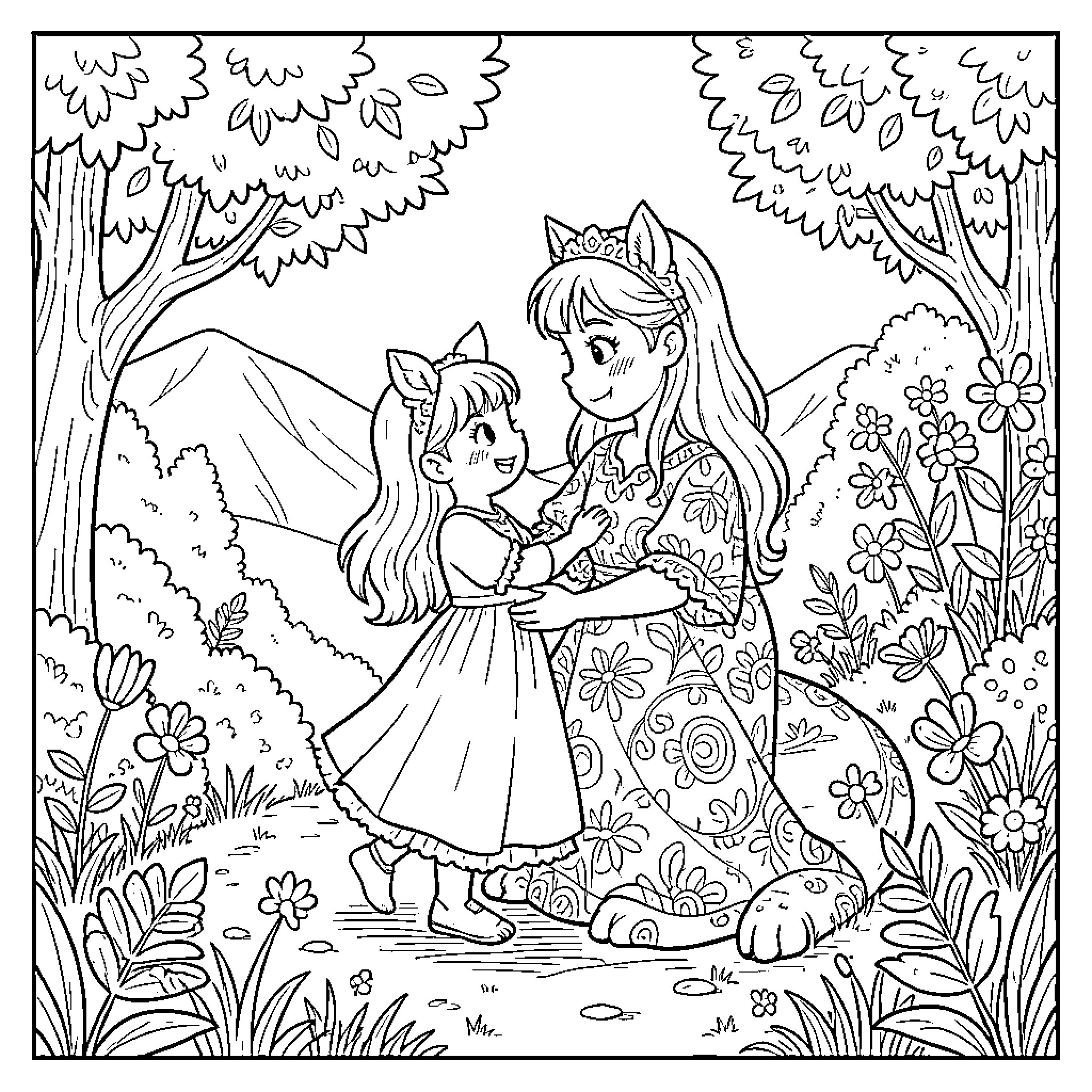 Photography of a girl playing with a mythical creature Coloring Page (free black-and-white line drawing printable PDF for all, from beginners to advanced learners, including children, teens, adults, and seniors)