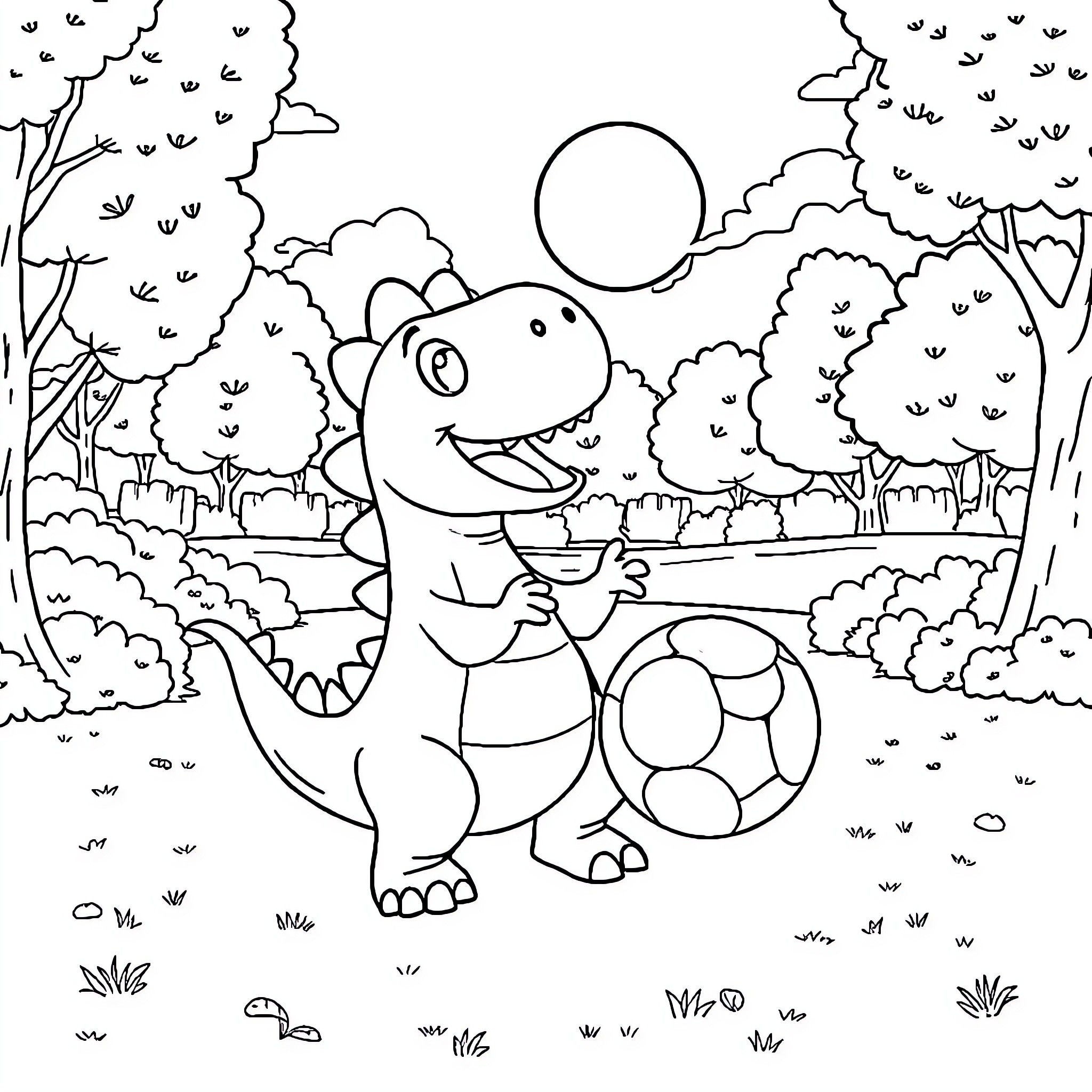 Dinosaur playing with ball in nature Coloring Page (free black-and-white line drawing printable PDF for all, from beginners to advanced learners, including children, teens, adults, and seniors)
