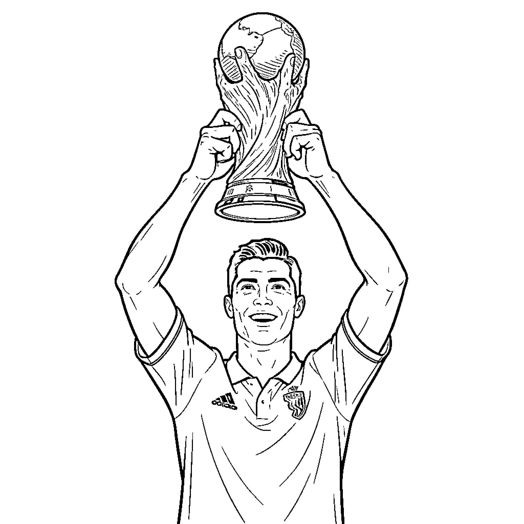 Ronaldo smiling while lifting a championship trophy high Coloring Page (free black-and-white line drawing printable PDF for all, from beginners to advanced learners, including children, teens, adults, and seniors)