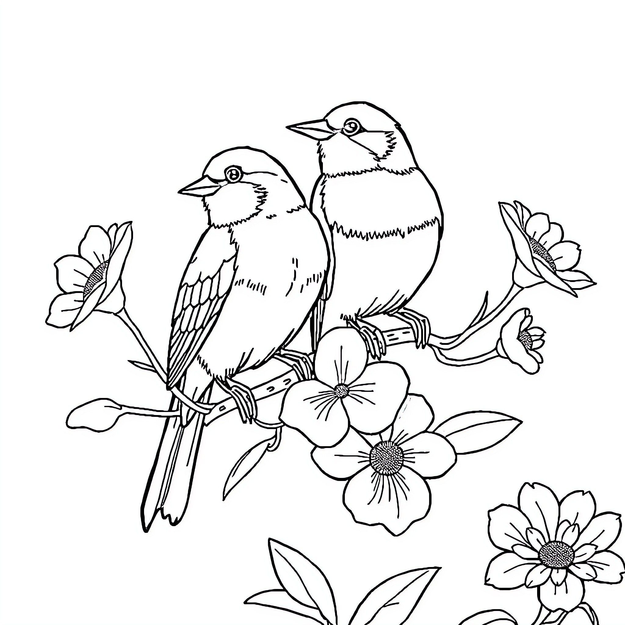 Bird pair perched amidst blooming flowers Coloring Page (free black-and-white line drawing printable PDF for all, from beginners to advanced learners, including children, teens, adults, and seniors)