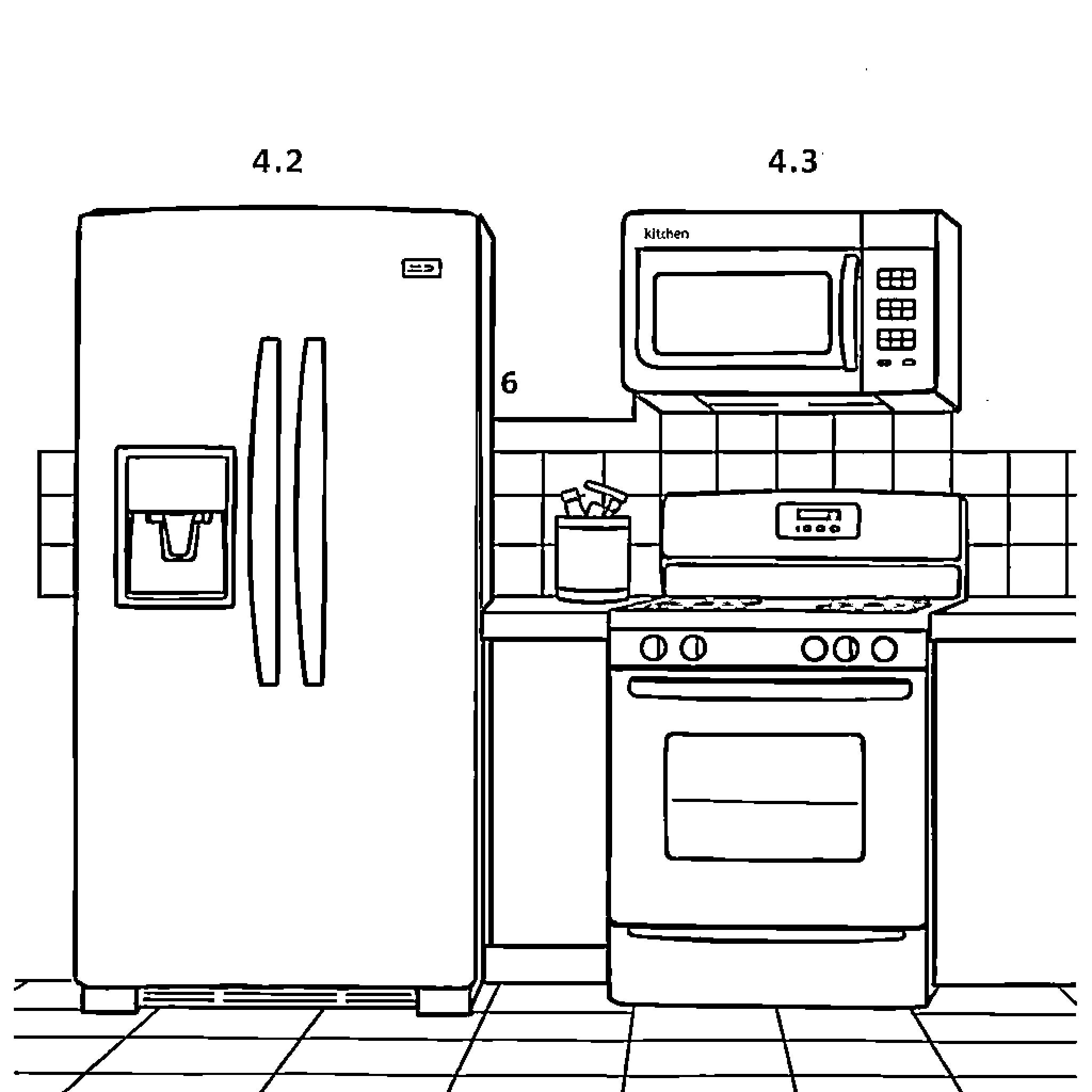 Appliance Kitchen Diagram with Refrigerator and Oven Coloring Page (free black-and-white line drawing printable PDF for all, from beginners to advanced learners, including children, teens, adults, and seniors)