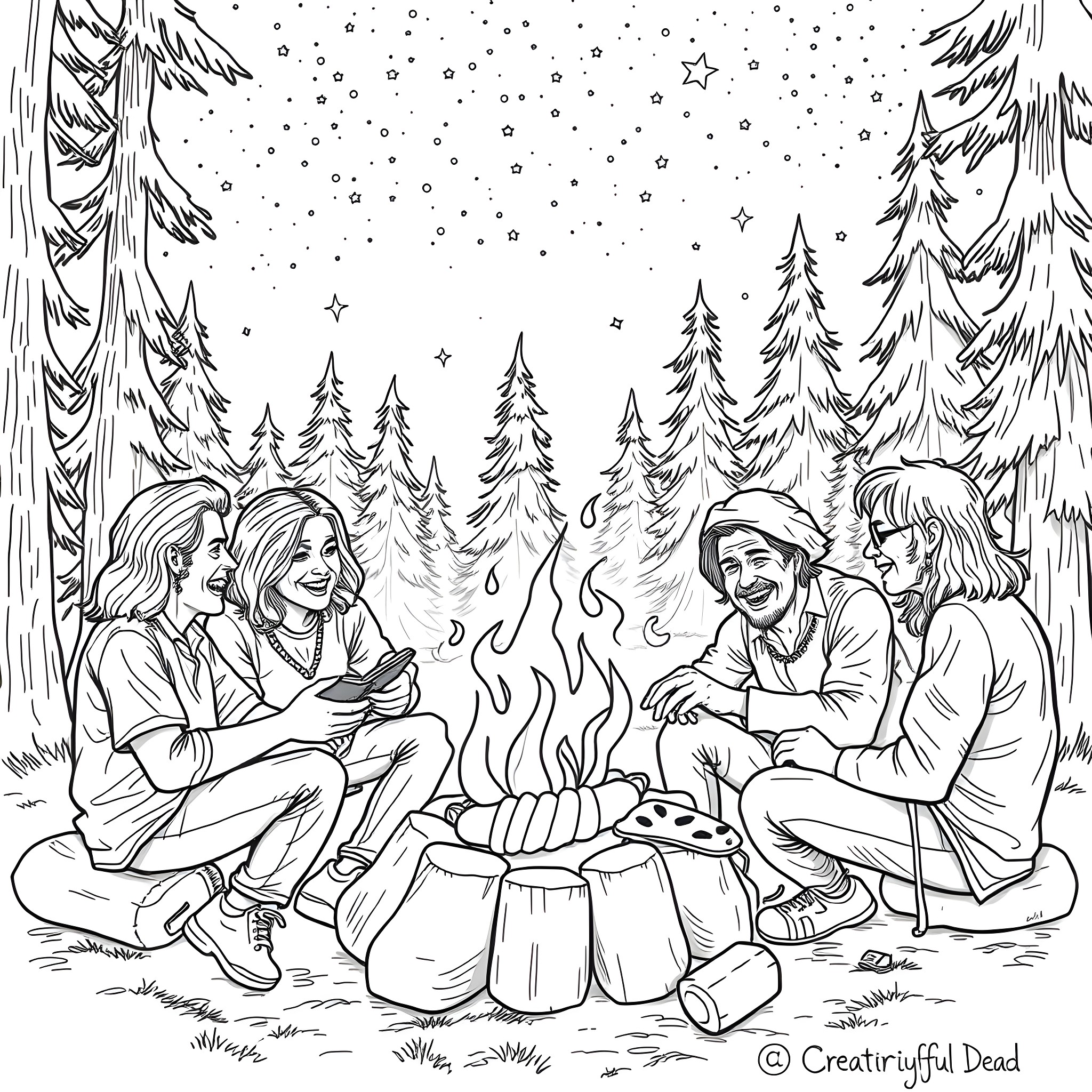 Grateful Dead Gather Around Campfire in Snowy Wilderness Coloring Page (free black-and-white line drawing printable PDF for all, from beginners to advanced learners, including children, teens, adults, and seniors)
