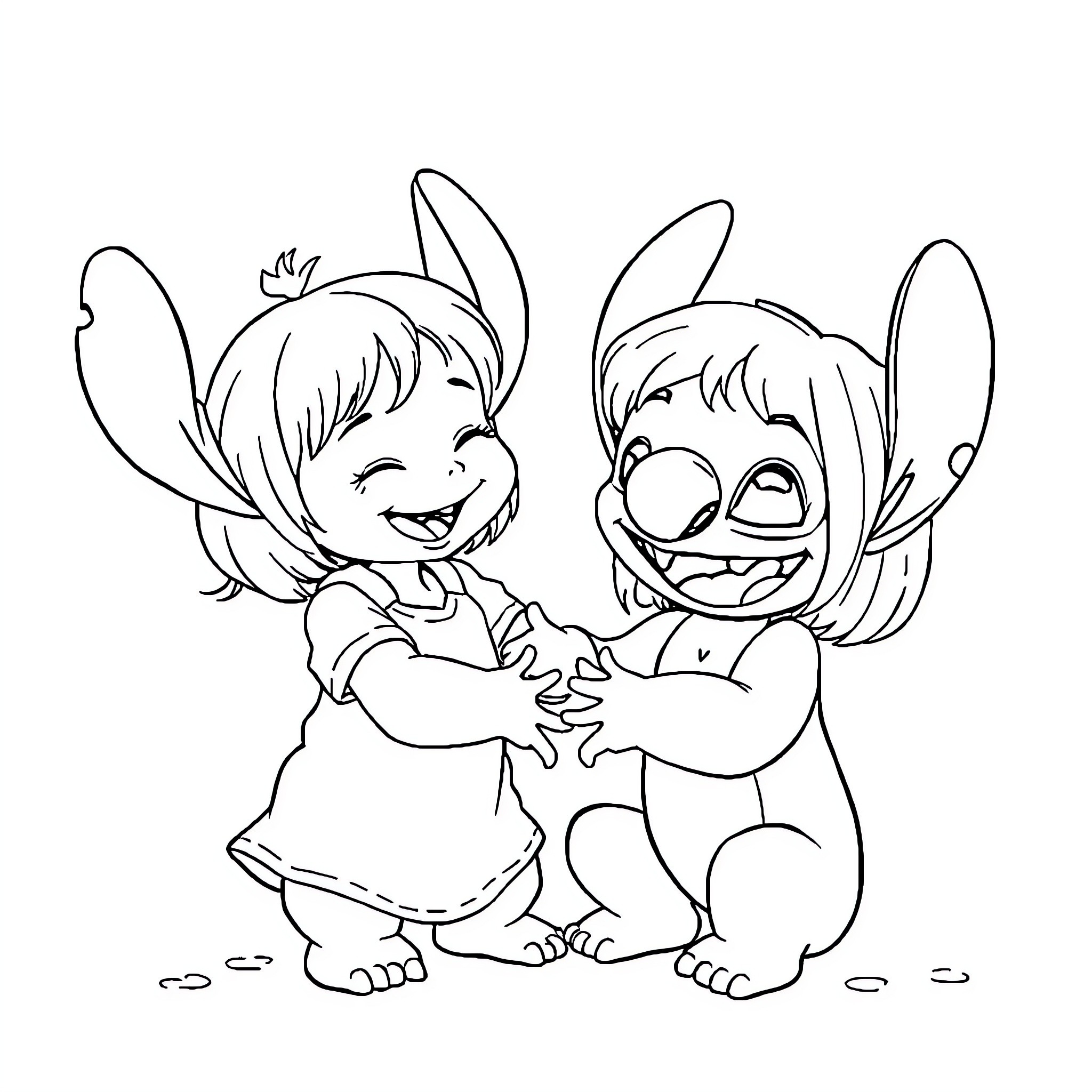 Stitch embracing a smiling companion Coloring Page (free black-and-white line drawing printable PDF for all, from beginners to advanced learners, including children, teens, adults, and seniors)