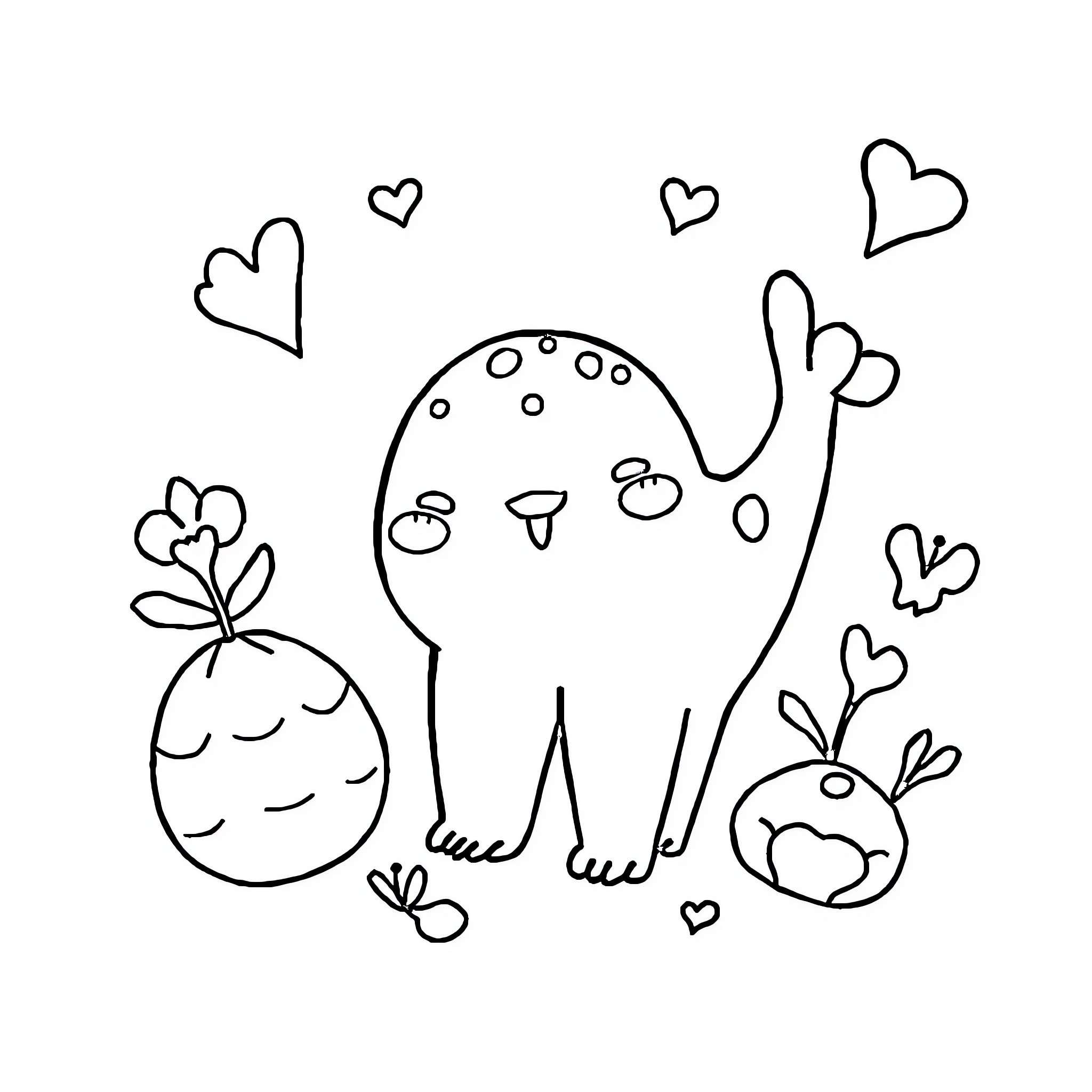 Motive Whimsical Creatures and Hearts Coloring Page (free black-and-white line drawing printable PDF for all, from beginners to advanced learners, including children, teens, adults, and seniors)