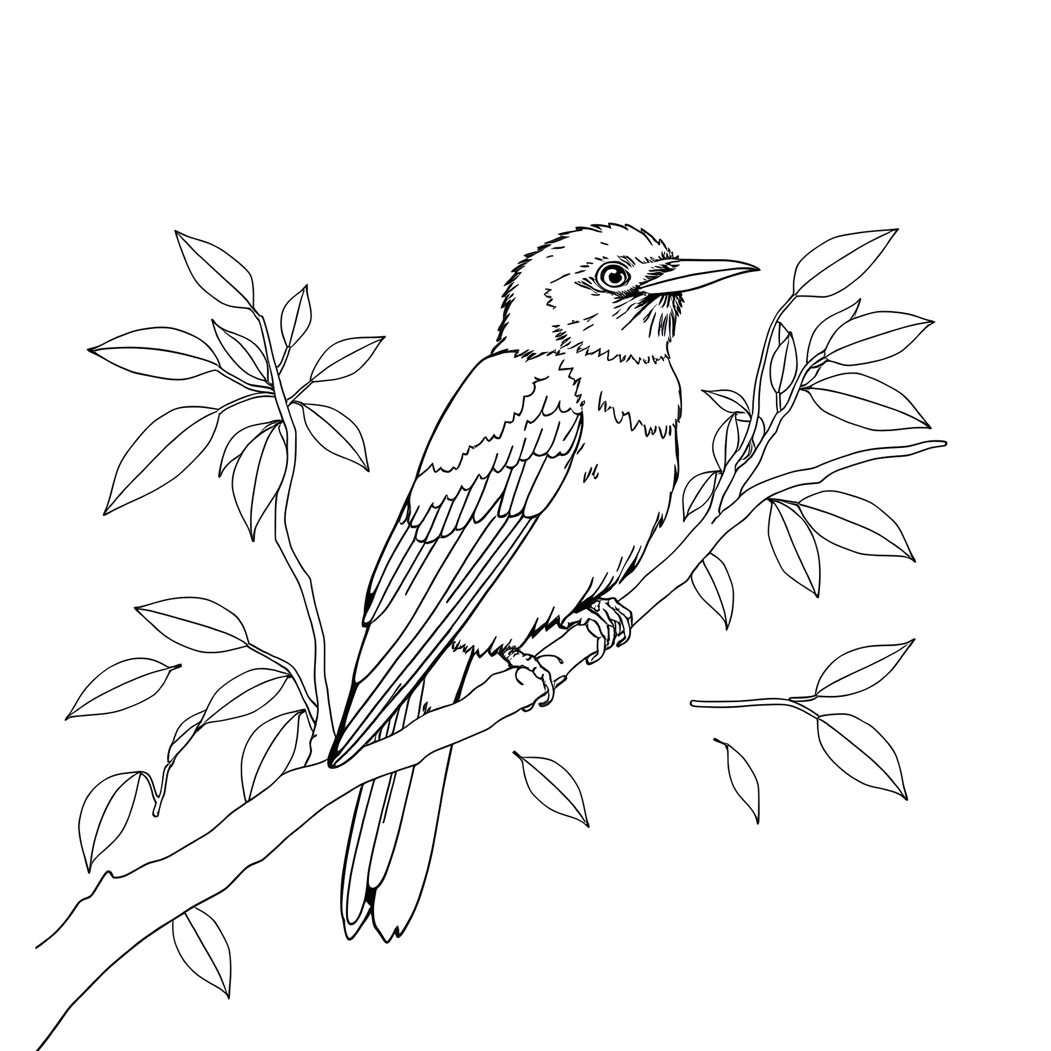 Cape Weaver perched on a leafy branch Coloring Page (free black-and-white line drawing printable PDF for all, from beginners to advanced learners, including children, teens, adults, and seniors)