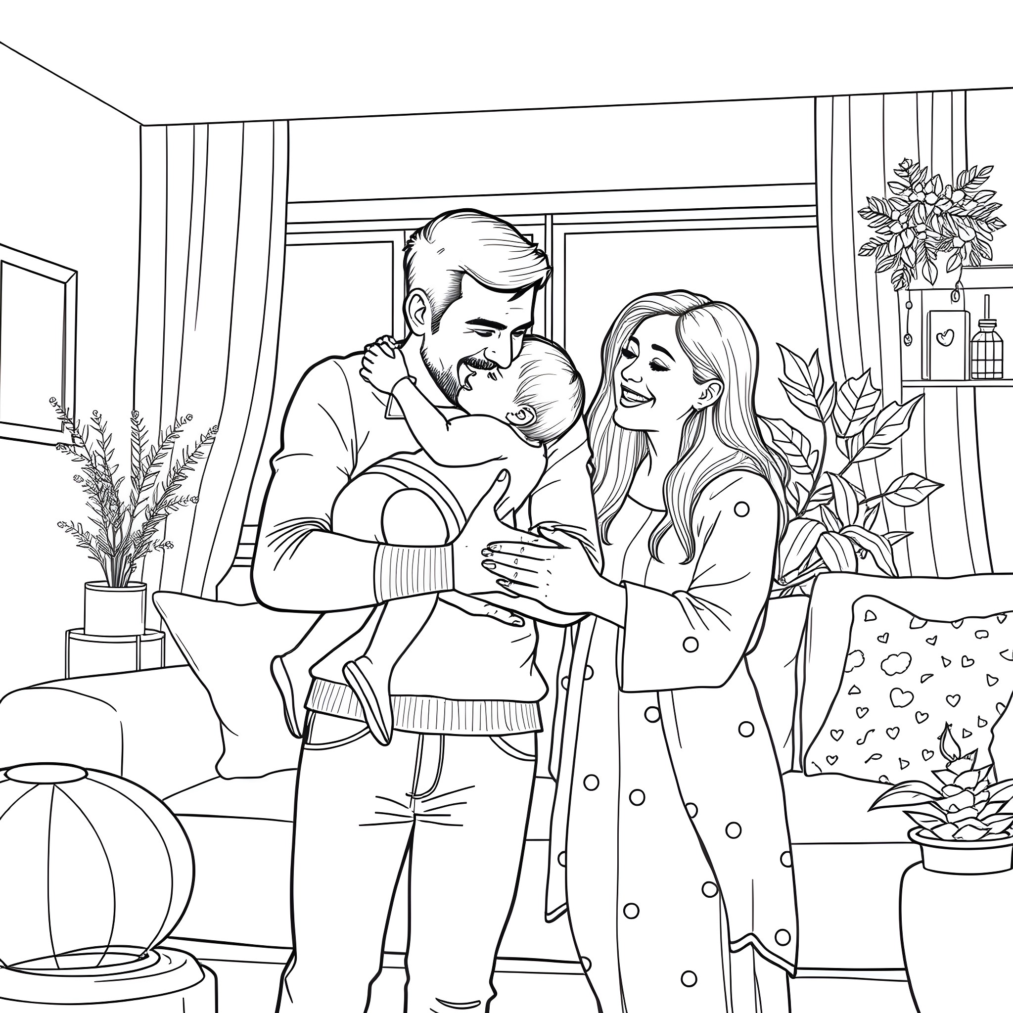 Father Spending Quality Time with Family Coloring Page (free black-and-white line drawing printable PDF for all, from beginners to advanced learners, including children, teens, adults, and seniors)