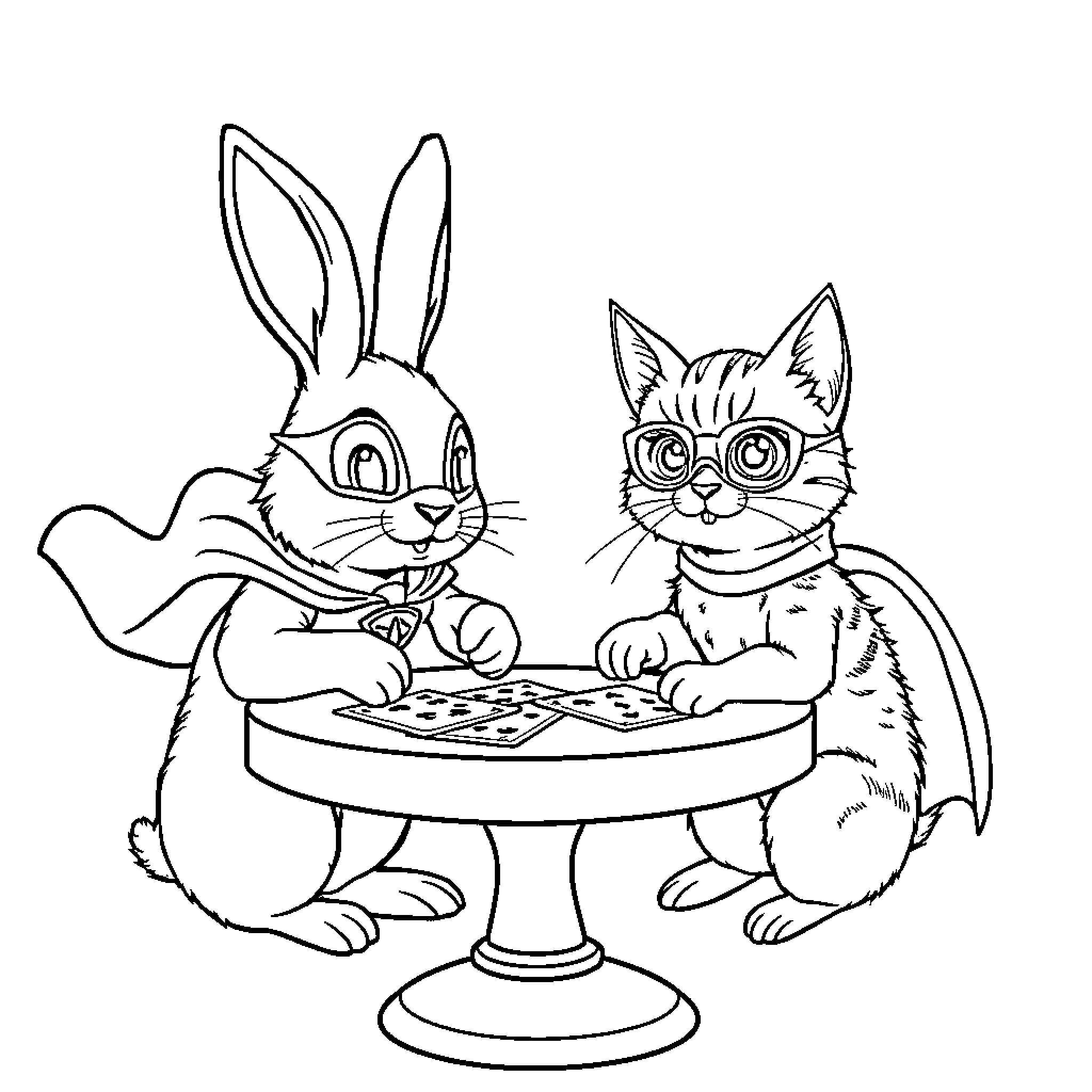 Rabbit and cat playing a game together Coloring Page (free black-and-white line drawing printable PDF for all, from beginners to advanced learners, including children, teens, adults, and seniors)