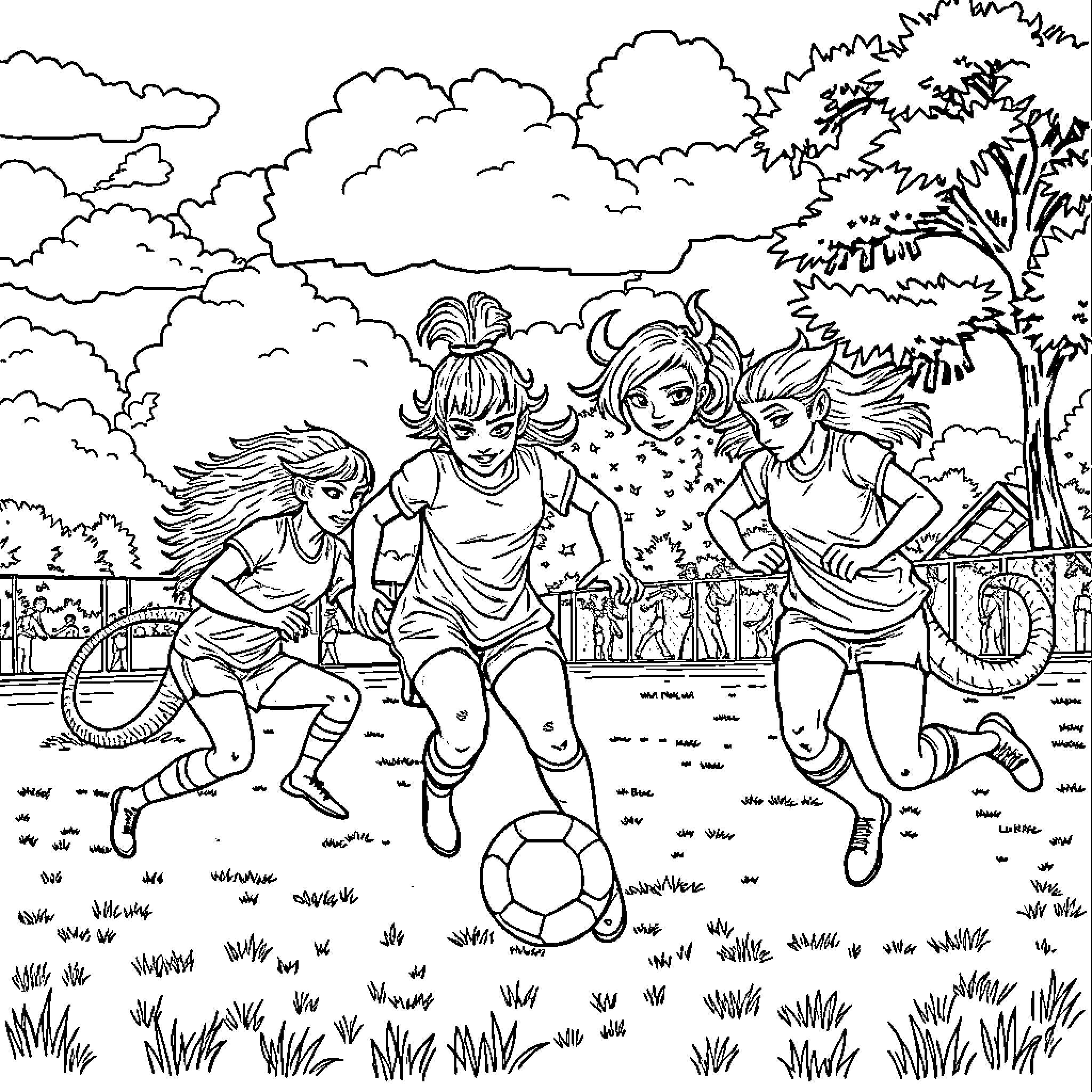 Monster Girls Playing Soccer in the Park Coloring Page (free black-and-white line drawing printable PDF for all, from beginners to advanced learners, including children, teens, adults, and seniors)