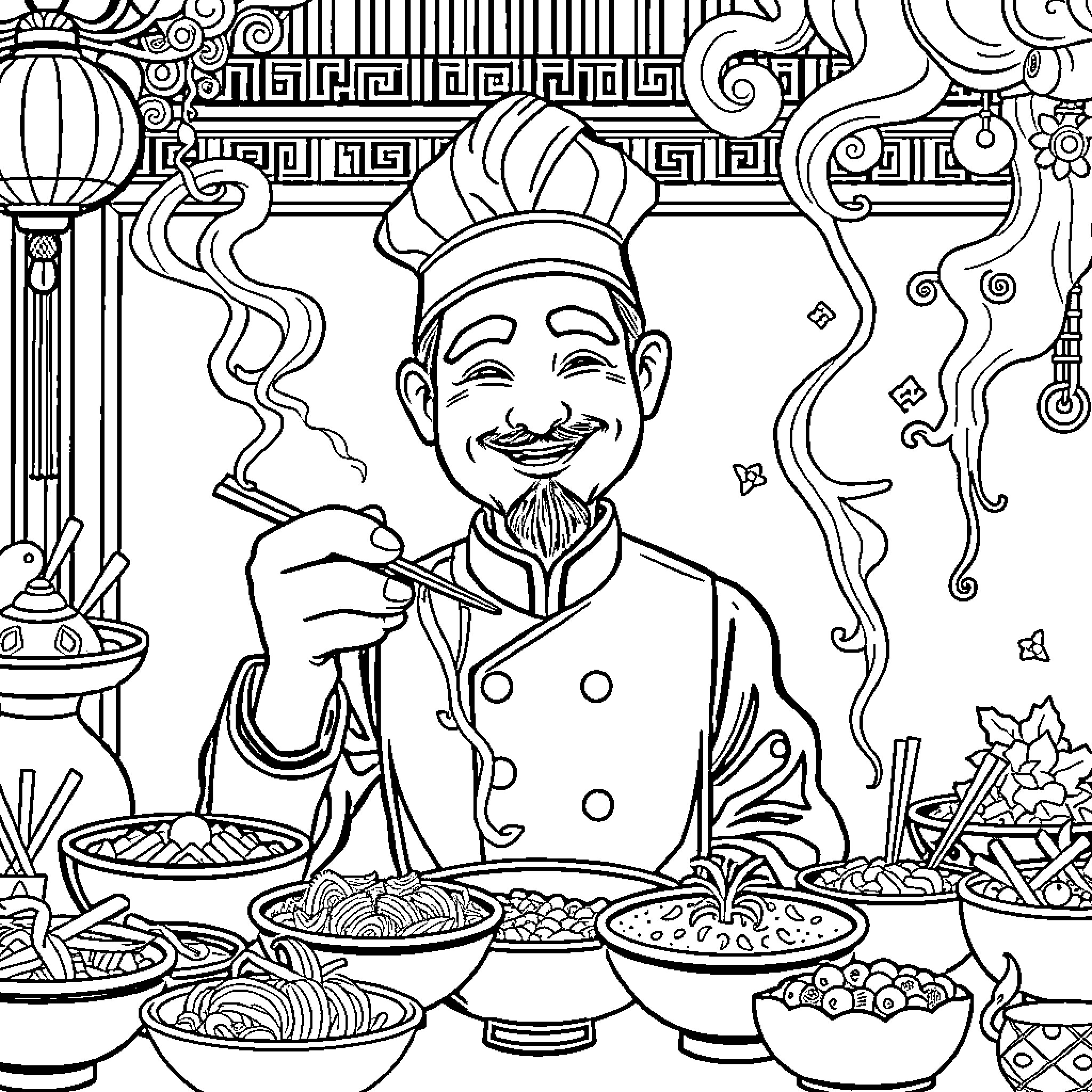 Chinese Meal - Chef Preparing Delicious Dishes Coloring Page (free black-and-white line drawing printable PDF for all, from beginners to advanced learners, including children, teens, adults, and seniors)