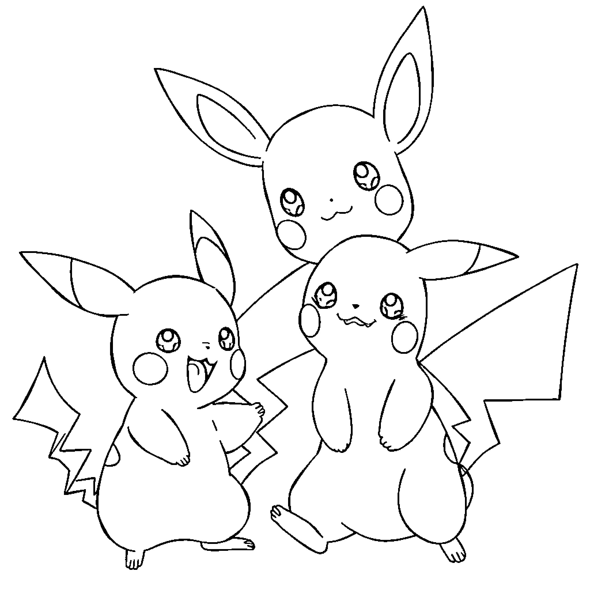 Pikachu and friends in black and white Coloring Page (free black-and-white line drawing printable PDF for all, from beginners to advanced learners, including children, teens, adults, and seniors)