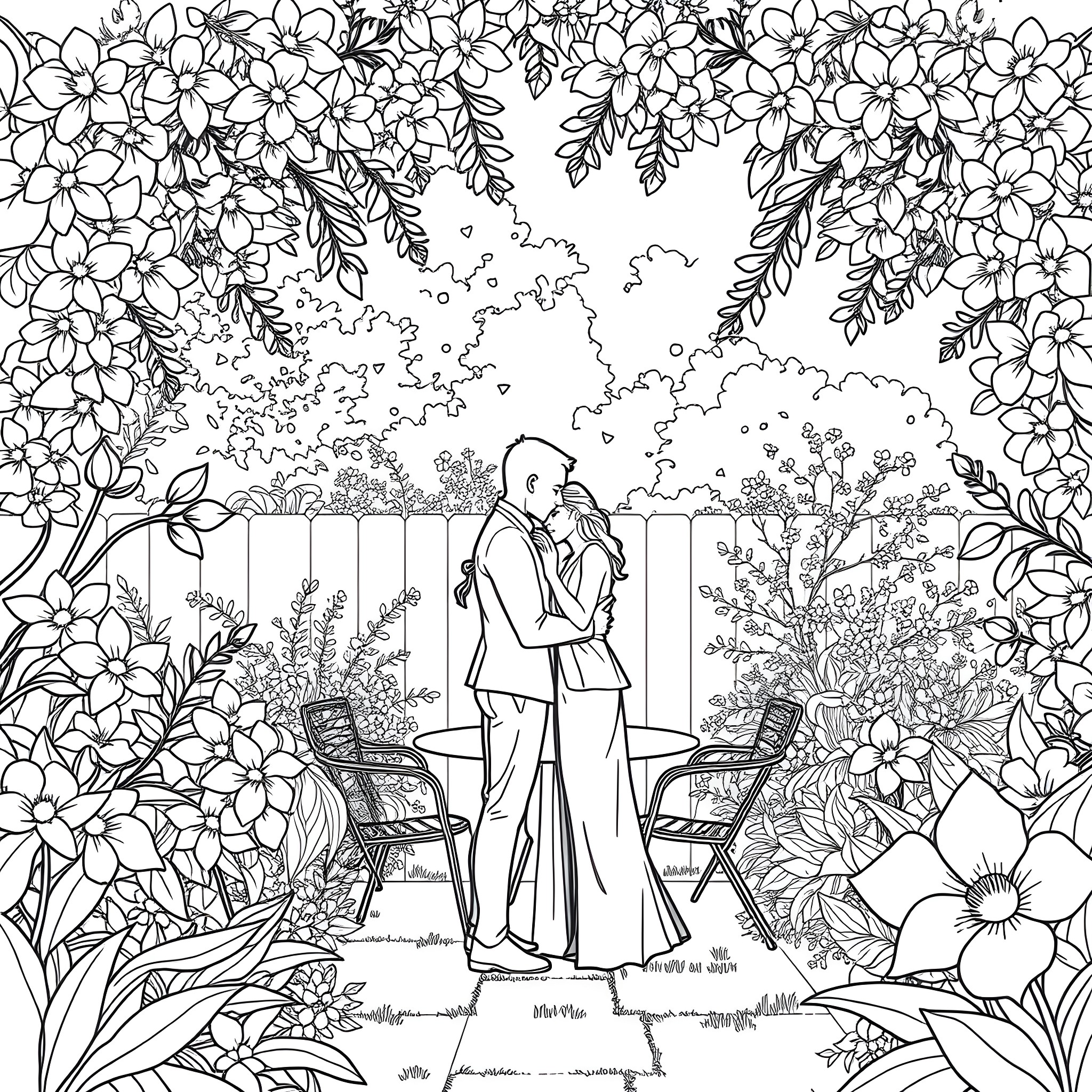 Housewife embracing husband in a floral garden Coloring Page (free black-and-white line drawing printable PDF for all, from beginners to advanced learners, including children, teens, adults, and seniors)
