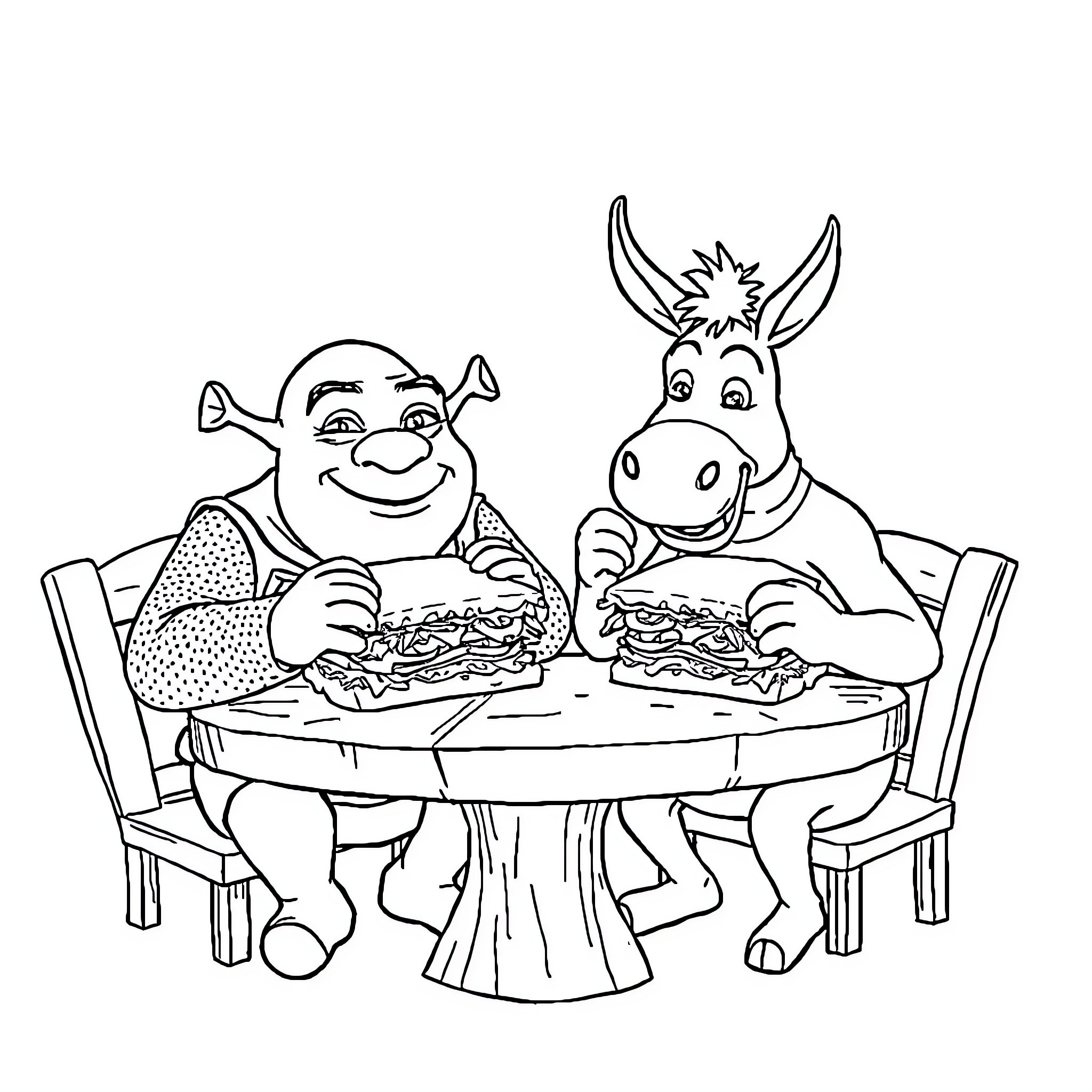Shrek and Donkey Sharing a Meal Coloring Page (free black-and-white line drawing printable PDF for all, from beginners to advanced learners, including children, teens, adults, and seniors)