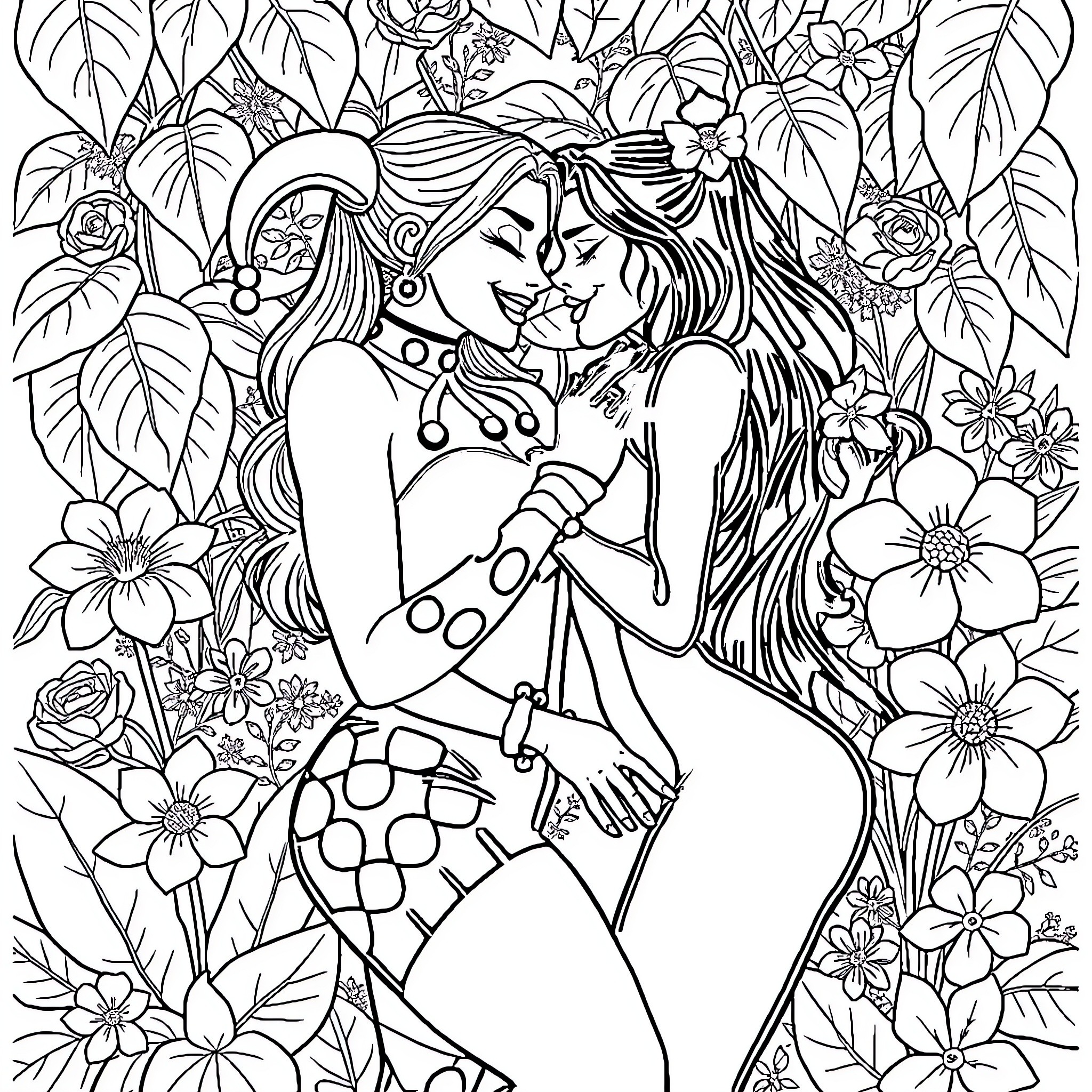 Harley Quinn in a floral wonderland Coloring Page (free black-and-white line drawing printable PDF for all, from beginners to advanced learners, including children, teens, adults, and seniors)