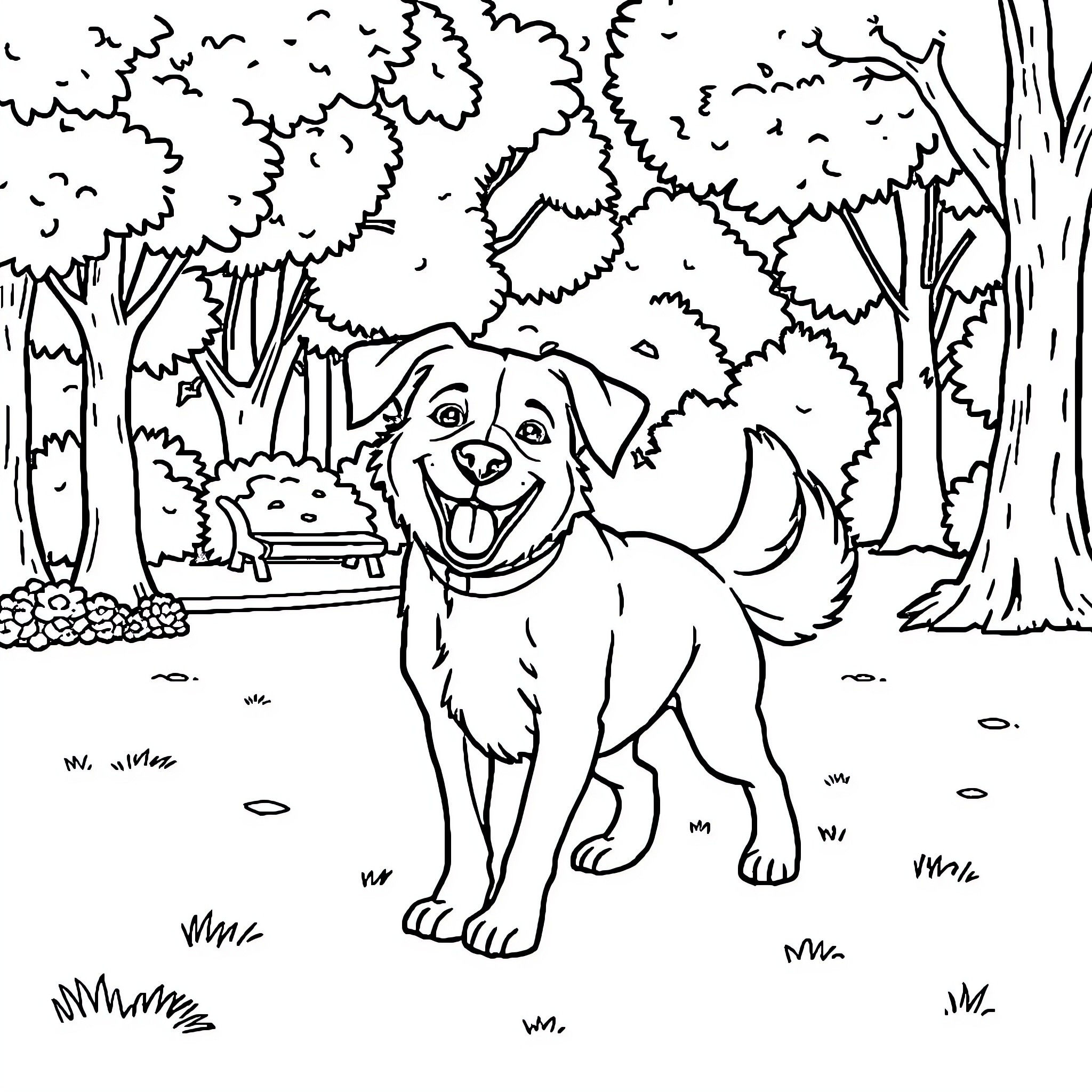 Dog playing happily in the forest Coloring Page (free black-and-white line drawing printable PDF for all, from beginners to advanced learners, including children, teens, adults, and seniors)