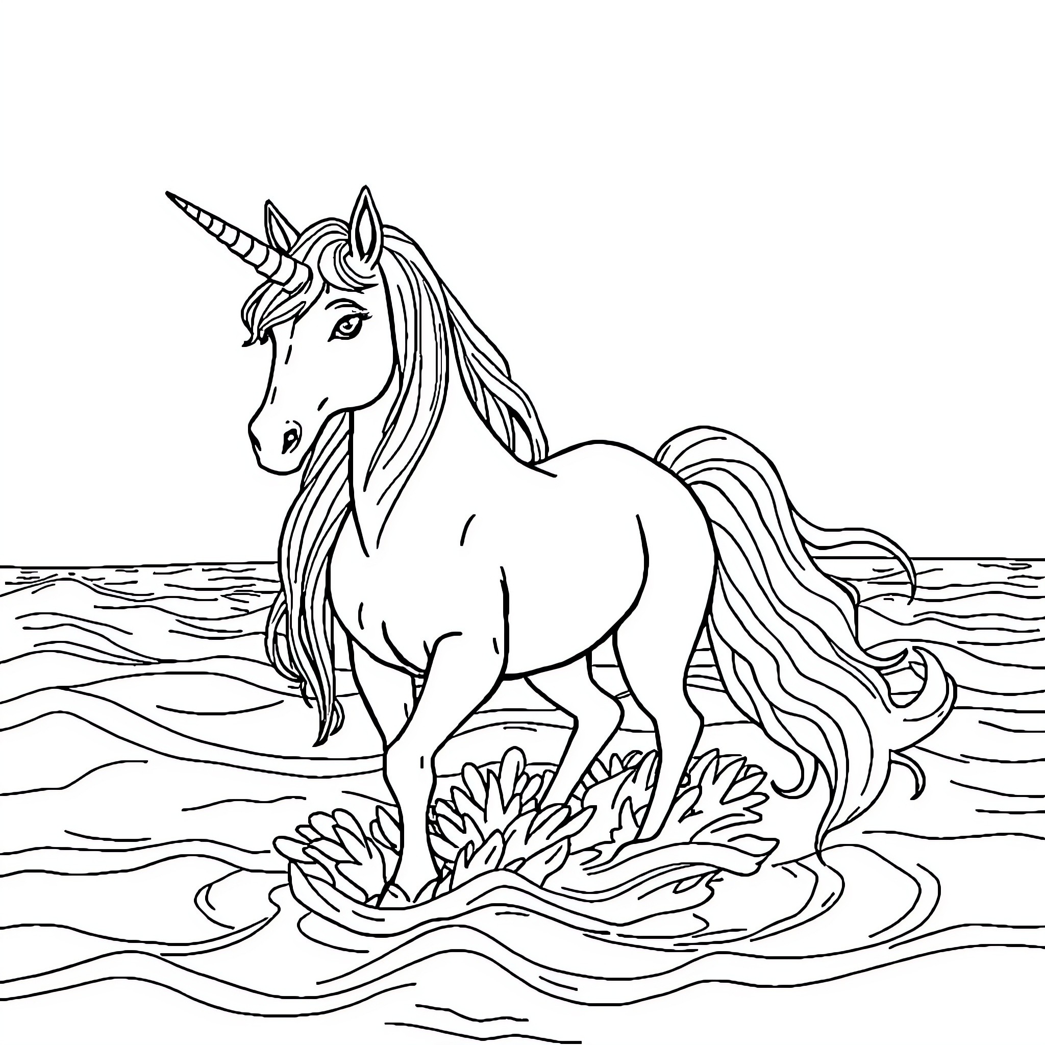 Unicorn standing gracefully in the water Coloring Page (free black-and-white line drawing printable PDF for all, from beginners to advanced learners, including children, teens, adults, and seniors)