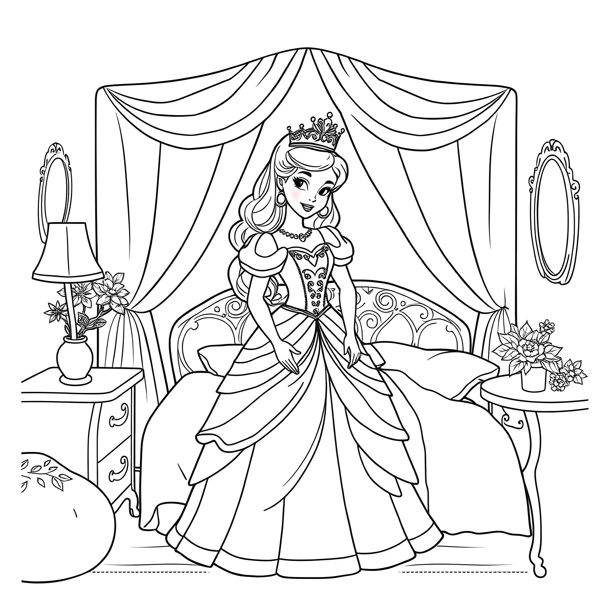 Princess in grand royal chamber with ornate decor Coloring Page (free black-and-white line drawing printable PDF for all, from beginners to advanced learners, including children, teens, adults, and seniors)