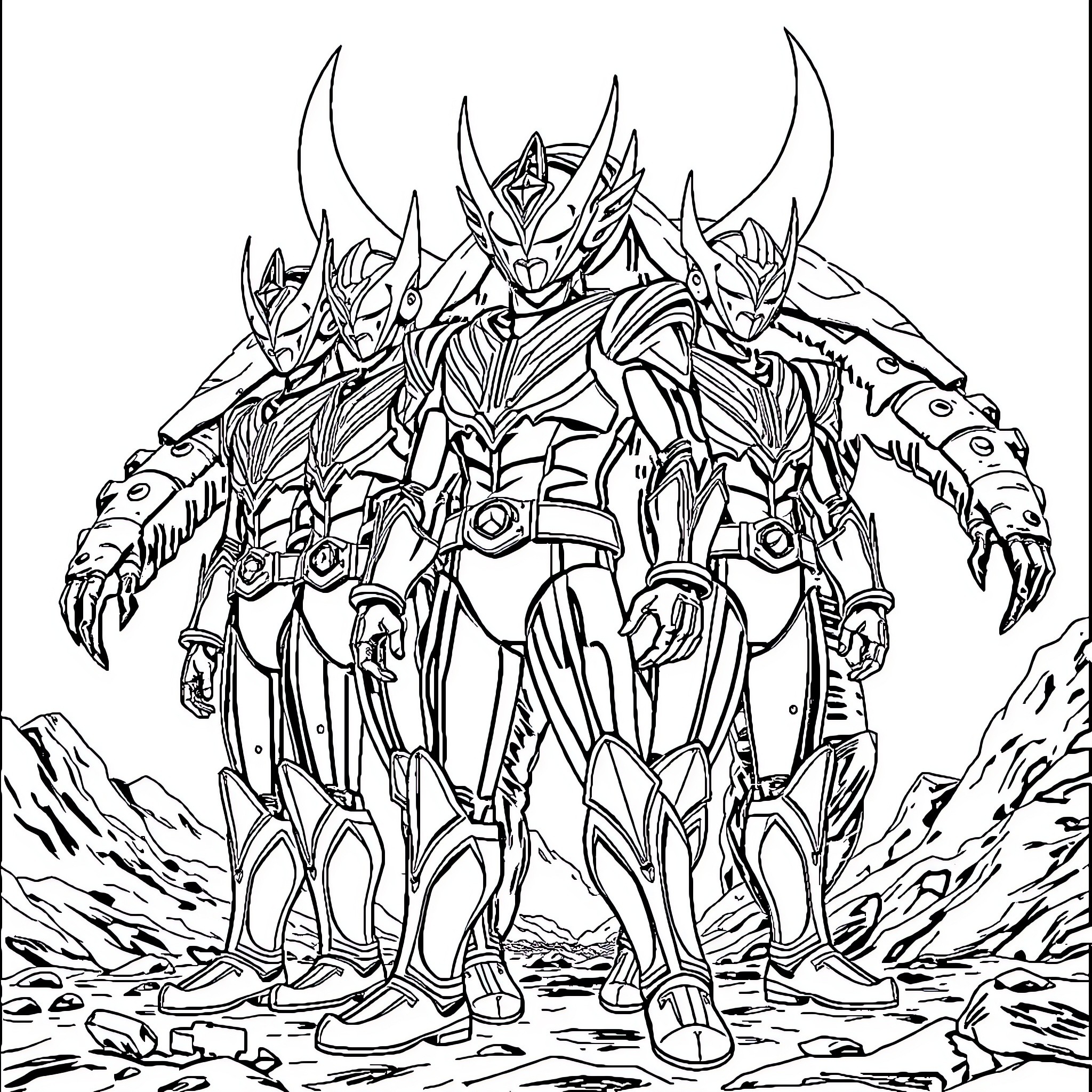 Ultramen armored warriors in fierce battle formation Coloring Page (free black-and-white line drawing printable PDF for all, from beginners to advanced learners, including children, teens, adults, and seniors)